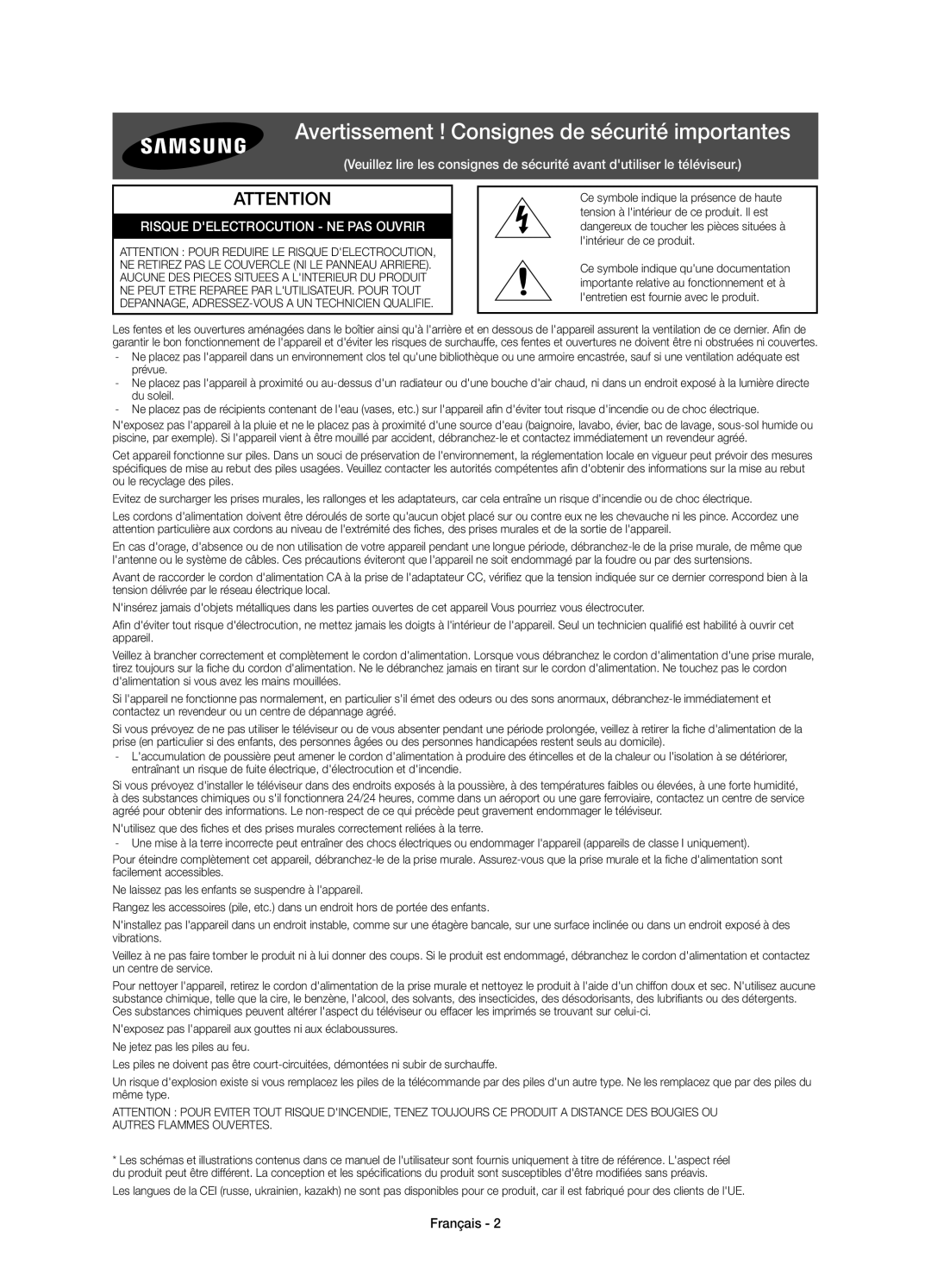 Samsung UE55JU7580TXZG, UE65JU7590TXZG, UE78JU7590TXZG manual Avertissement ! Consignes de sécurité importantes, Français 