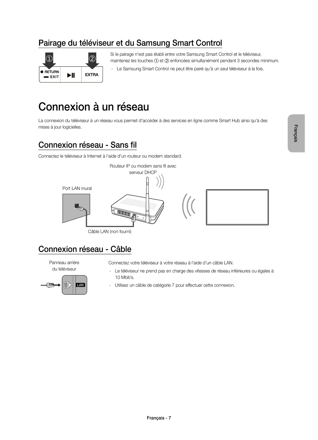 Samsung UE48JU7590TXZG Connexion à un réseau, Pairage du téléviseur et du Samsung Smart Control, Connexion réseau Sans fil 