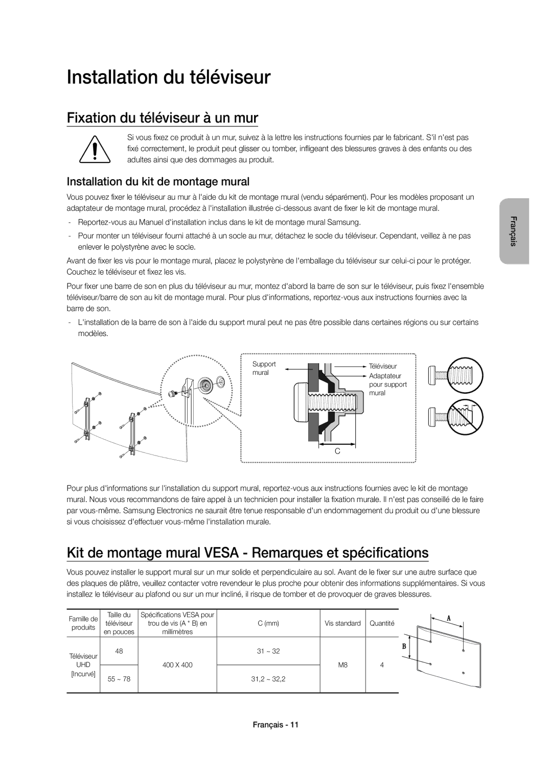 Samsung UE78JU7580TXZG Installation du téléviseur, Fixation du téléviseur à un mur, Installation du kit de montage mural 