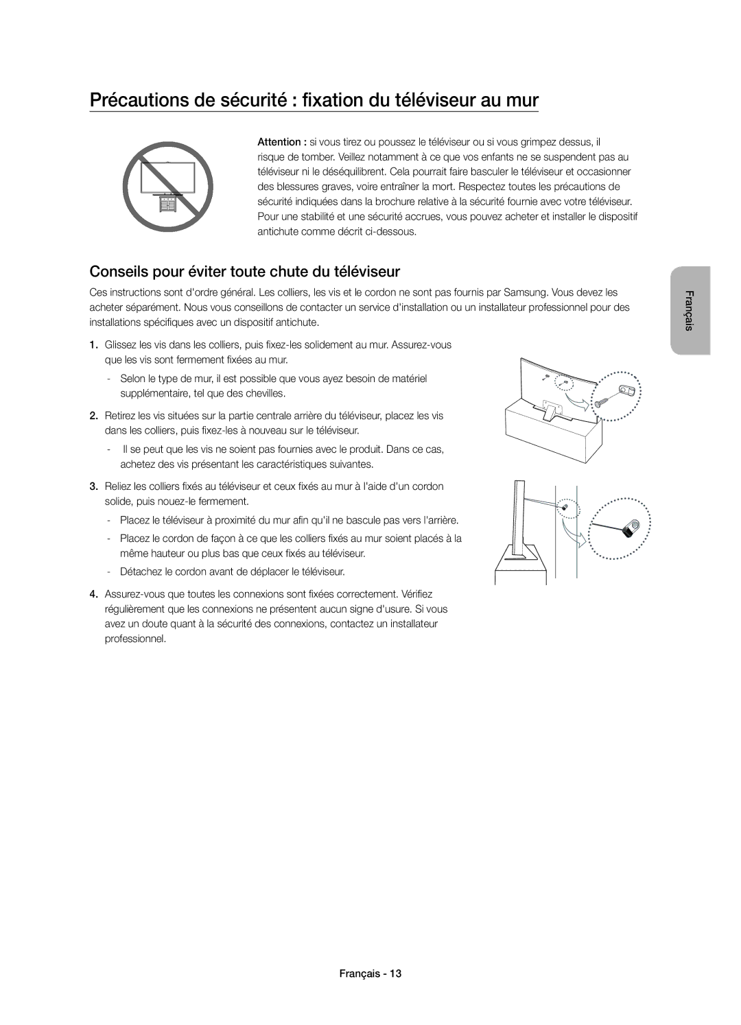 Samsung UE78JU7590TXZG, UE65JU7590TXZG, UE55JU7590TXZG, UE48JU7590TXZG Précautions de sécurité fixation du téléviseur au mur 