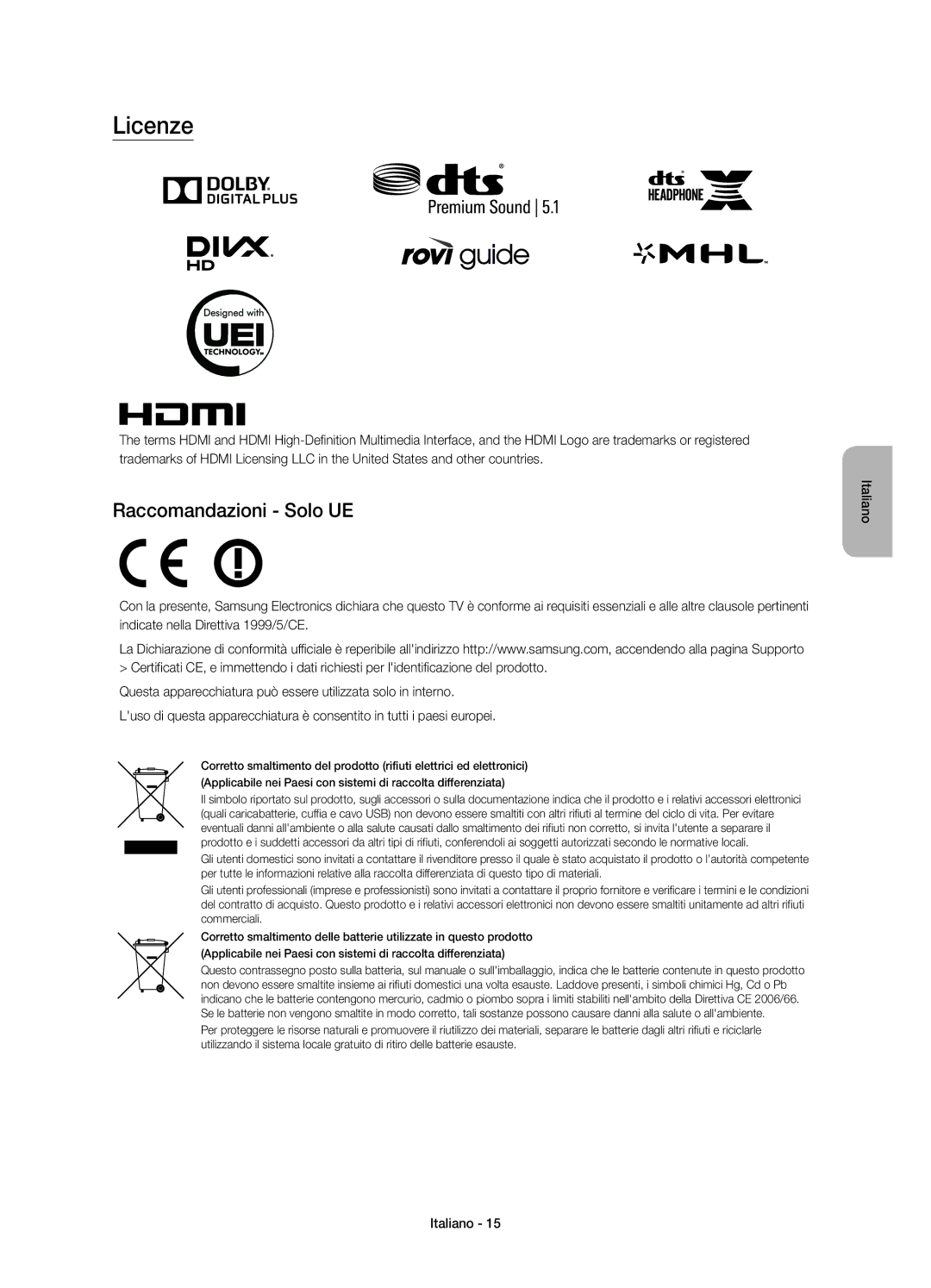 Samsung UE78JU7590TXZG, UE65JU7590TXZG, UE55JU7590TXZG, UE48JU7590TXZG, UE65JU7580TXZG manual Licenze, Raccomandazioni Solo UE 