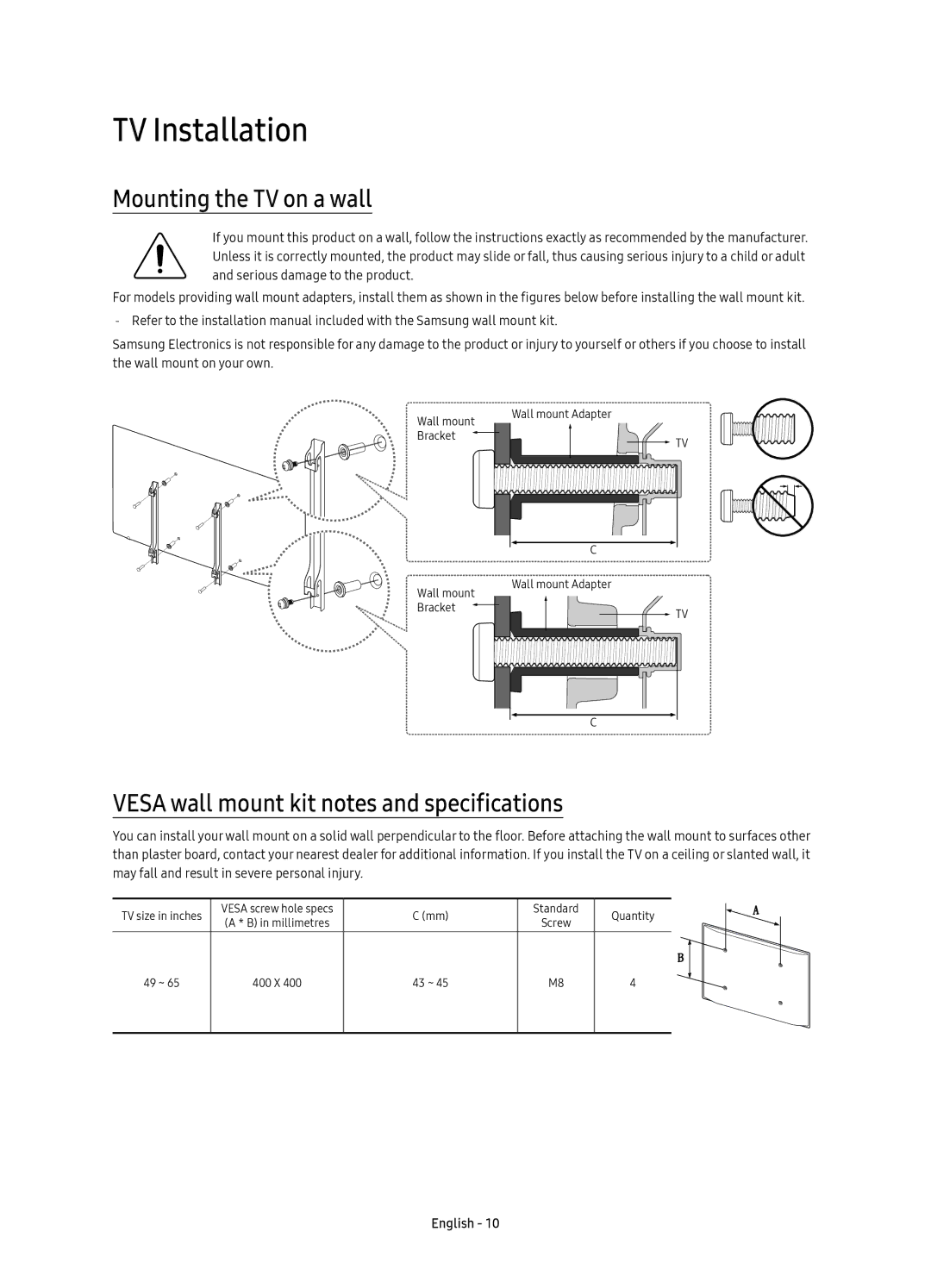 Samsung UE60KS7002UXXH manual TV Installation, Mounting the TV on a wall, Vesa wall mount kit notes and specifications 