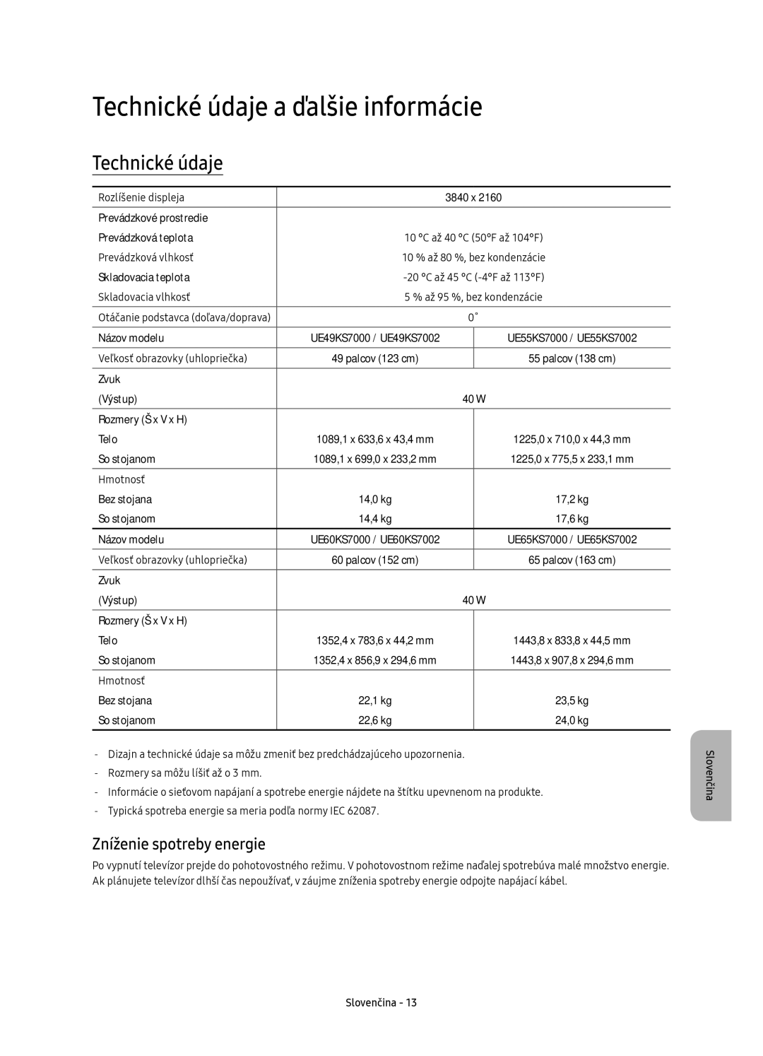 Samsung UE55KS7000SXXH, UE65KS7000SXXH, UE60KS7000SXXH manual Technické údaje a ďalšie informácie, Zníženie spotreby energie 