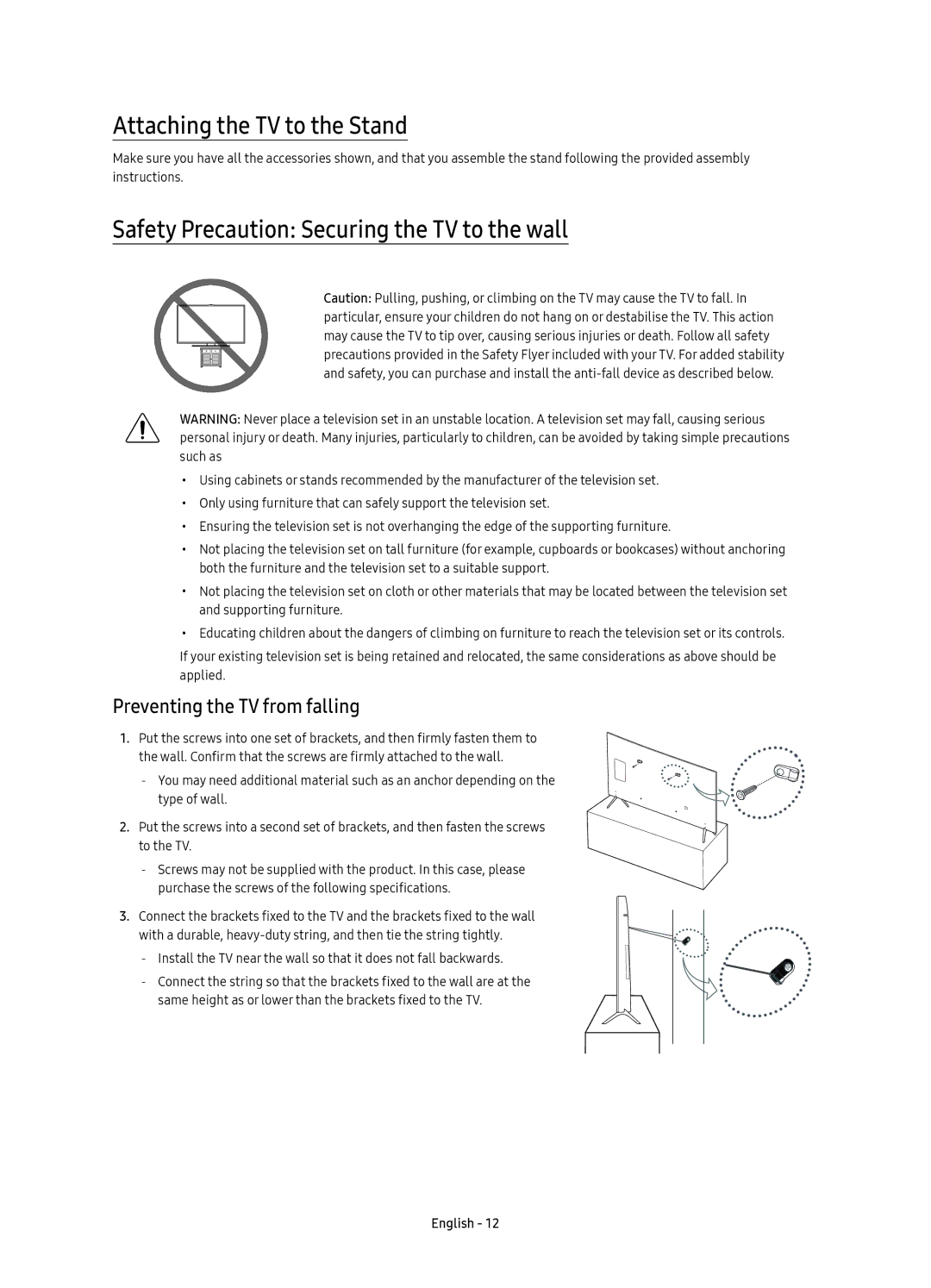 Samsung UE65KS7000SXXH, UE60KS7000SXXH manual Attaching the TV to the Stand, Safety Precaution Securing the TV to the wall 