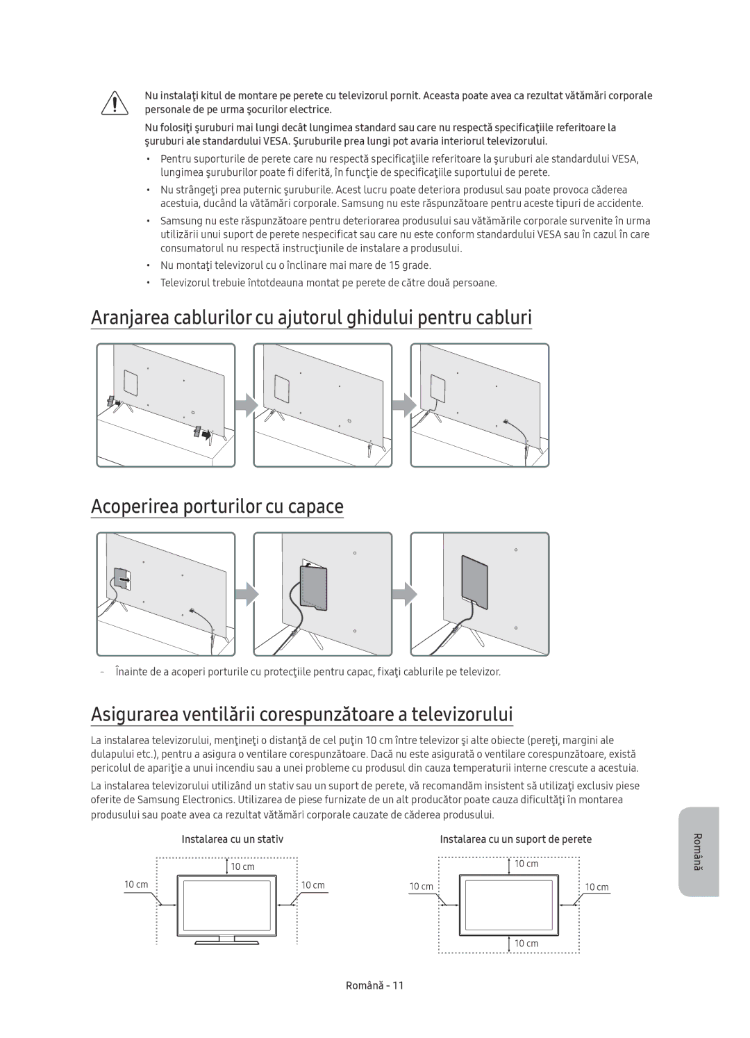 Samsung UE55KS7000SXXH, UE65KS7000SXXH manual Asigurarea ventilării corespunzătoare a televizorului, Instalarea cu un stativ 