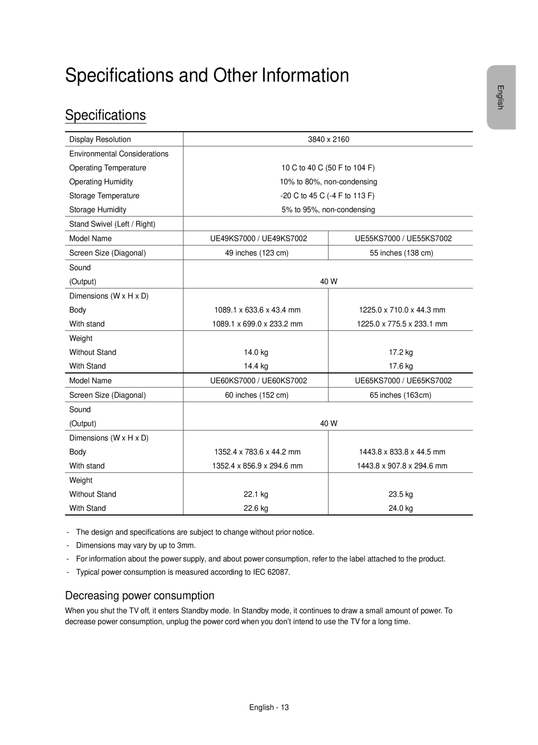 Samsung UE60KS7000SXXH, UE65KS7000SXXH, UE49KS7000SXXH Specifications and Other Information, Decreasing power consumption 