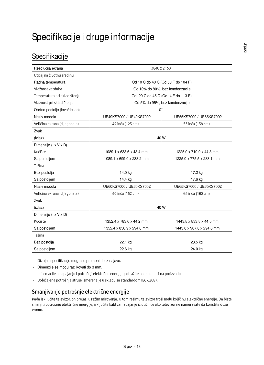 Samsung UE55KS7000SXXN, UE65KS7000SXXH manual Specifikacije i druge informacije, Smanjivanje potrošnje električne energije 