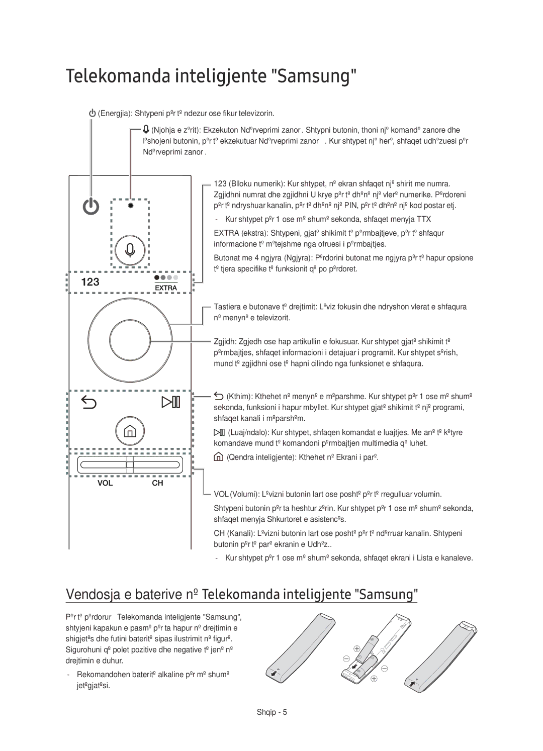 Samsung UE60KS7000SXXH, UE65KS7000SXXH, UE49KS7000SXXH manual Vendosja e baterive në Telekomanda inteligjente Samsung 