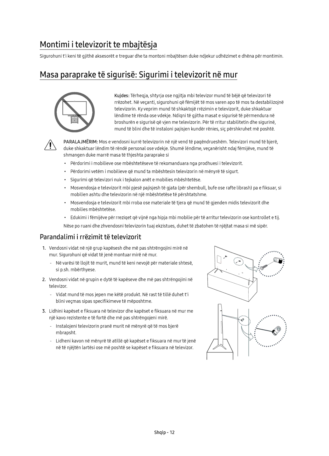 Samsung UE55KS7002UXXH manual Montimi i televizorit te mbajtësja, Masa paraprake të sigurisë Sigurimi i televizorit në mur 