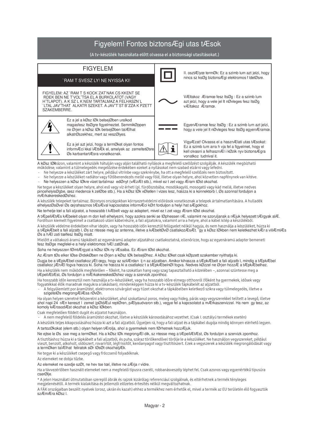 Samsung UE65KS7000SXXN, UE65KS7000SXXH, UE60KS7000SXXH, UE49KS7000SXXH manual Figyelem! Fontos biztonsági utasítások, Magyar 