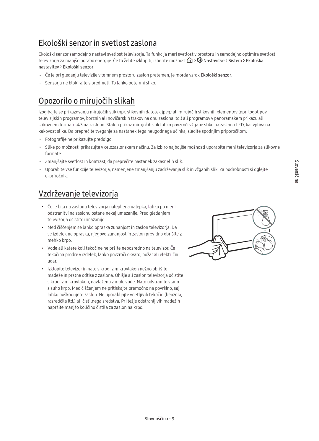 Samsung UE65KS7002UXXH manual Ekološki senzor in svetlost zaslona, Opozorilo o mirujočih slikah, Vzdrževanje televizorja 