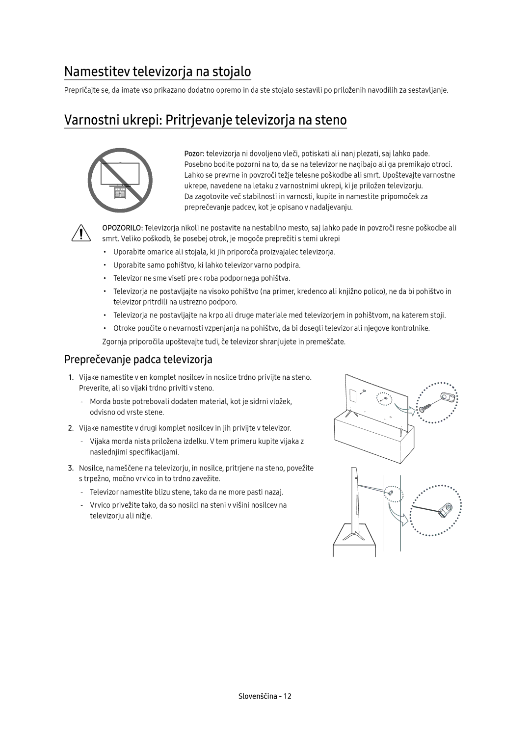 Samsung UE65KS7000SXXH manual Namestitev televizorja na stojalo, Varnostni ukrepi Pritrjevanje televizorja na steno 