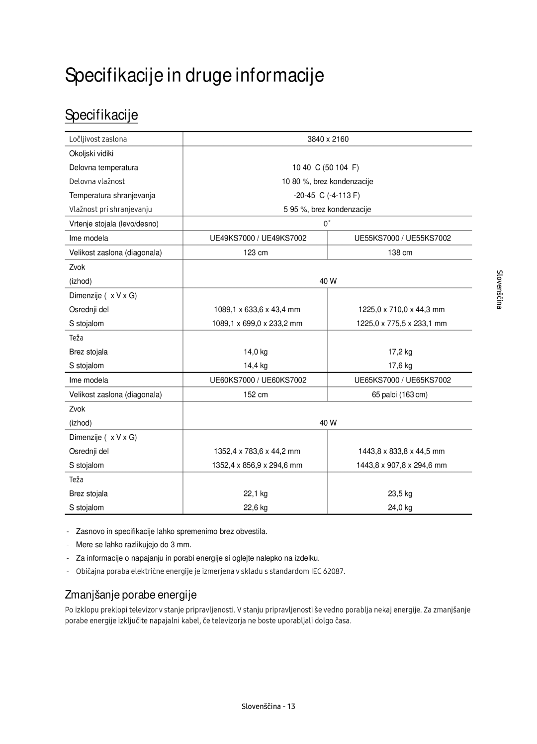 Samsung UE60KS7000SXXH, UE65KS7000SXXH, UE49KS7000SXXH manual Specifikacije in druge informacije, Zmanjšanje porabe energije 