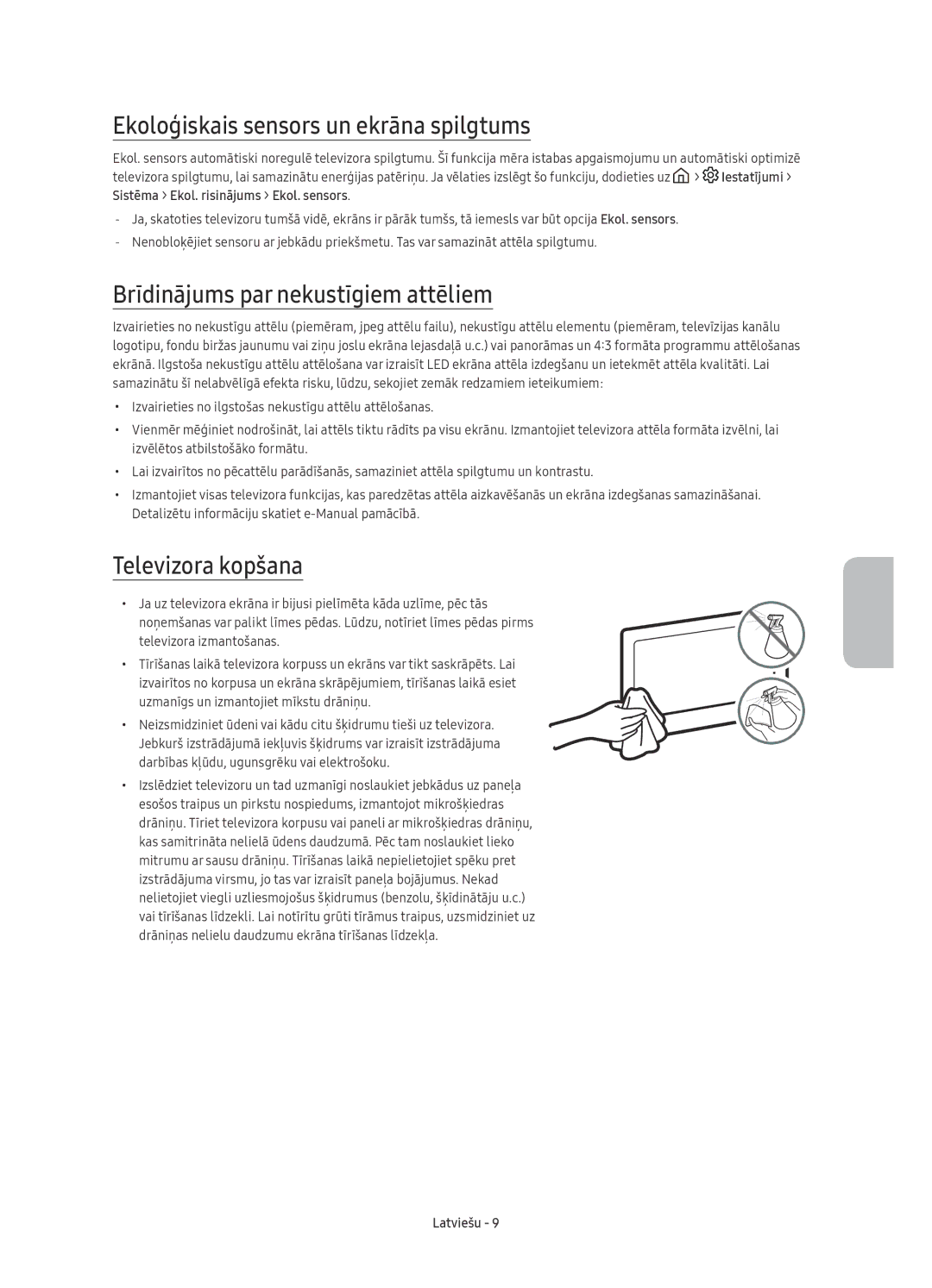 Samsung UE60KS7000SXXN Ekoloģiskais sensors un ekrāna spilgtums, Brīdinājums par nekustīgiem attēliem, Televizora kopšana 