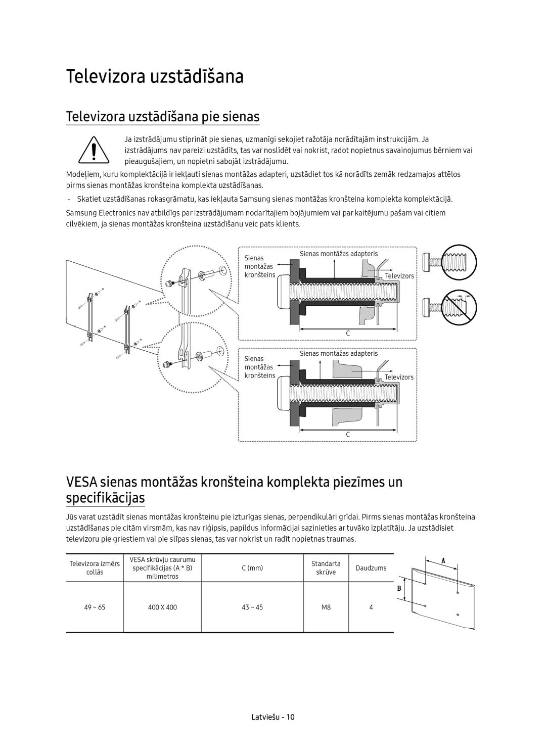 Samsung UE65KS7000SXXH, UE60KS7000SXXH, UE49KS7000SXXH, UE55KS7000SXXH, UE65KS7000SXXN Televizora uzstādīšana pie sienas 