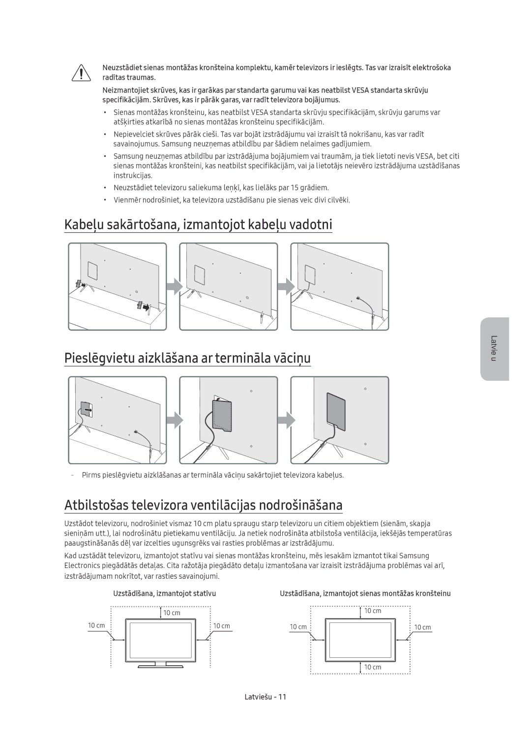 Samsung UE60KS7000SXXH, UE65KS7000SXXH Atbilstošas televizora ventilācijas nodrošināšana, Uzstādīšana, izmantojot statīvu 