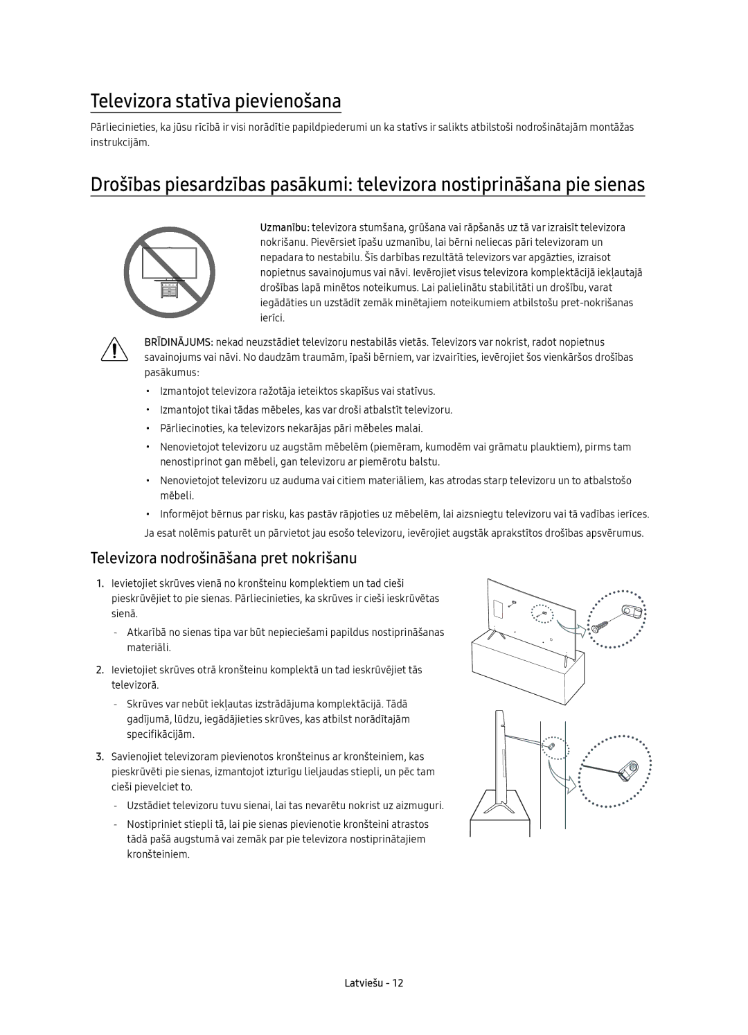 Samsung UE49KS7000SXXH, UE65KS7000SXXH manual Televizora statīva pievienošana, Televizora nodrošināšana pret nokrišanu 