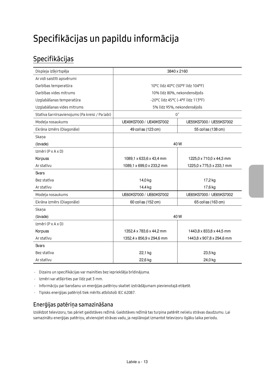 Samsung UE55KS7000SXXH, UE65KS7000SXXH manual Specifikācijas un papildu informācija, Enerģijas patēriņa samazināšana 