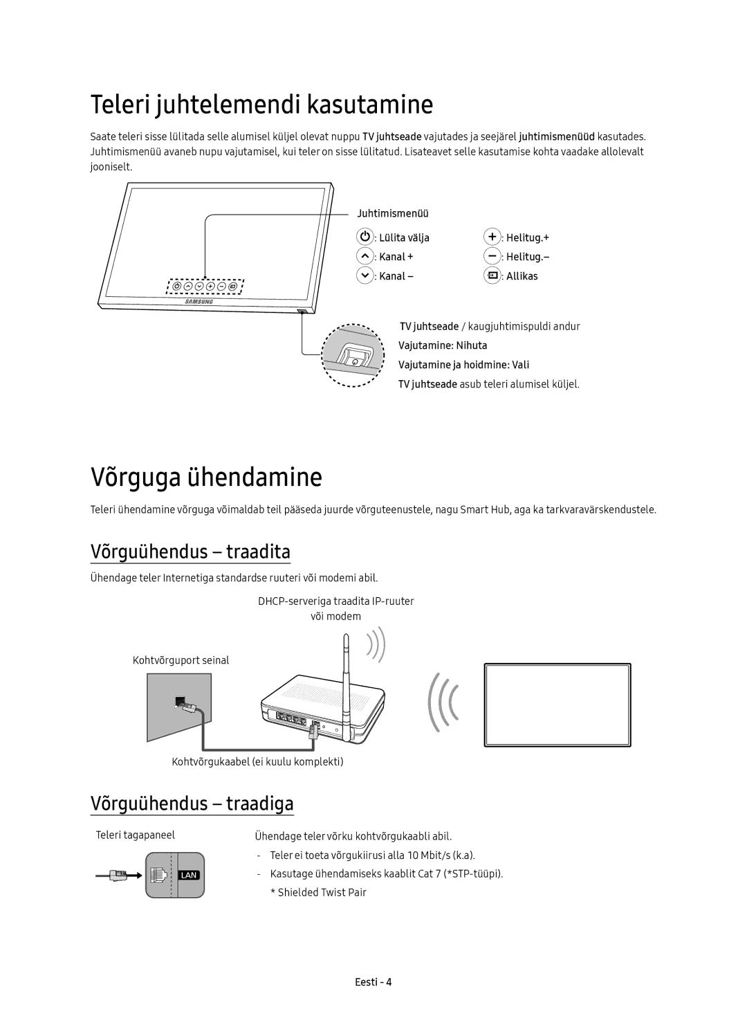 Samsung UE60KS7002UXXH Teleri juhtelemendi kasutamine, Võrguga ühendamine, Võrguühendus traadita, Võrguühendus traadiga 