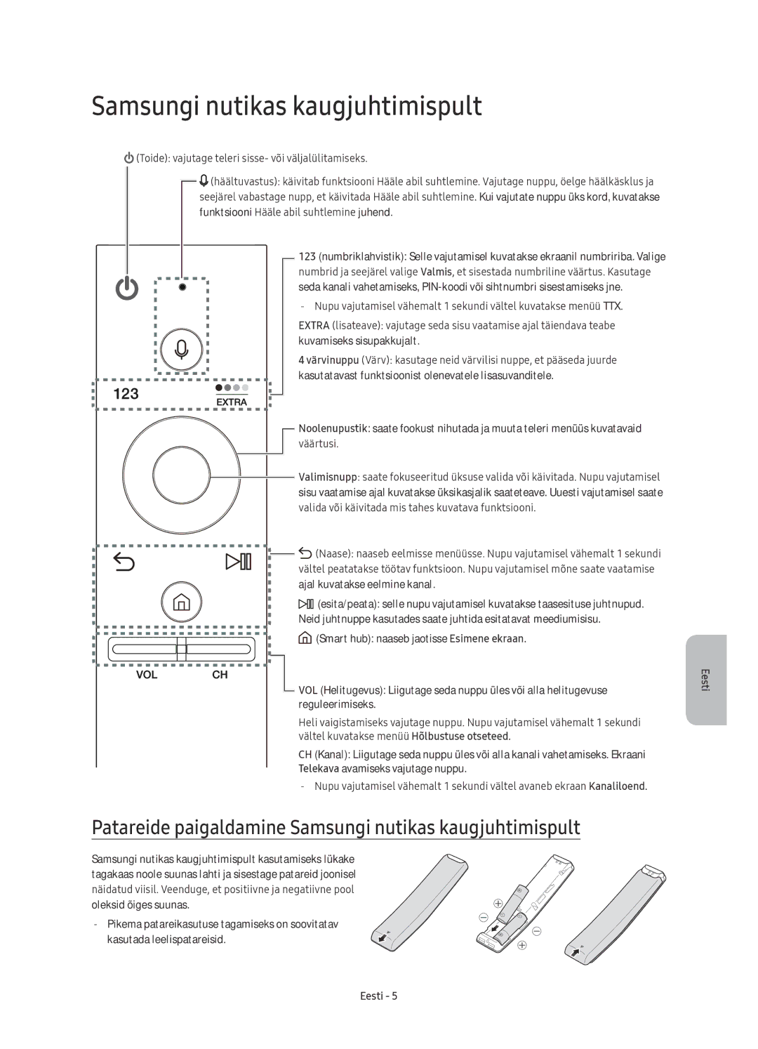 Samsung UE60KS7000SXXN, UE65KS7000SXXH, UE60KS7000SXXH manual Patareide paigaldamine Samsungi nutikas kaugjuhtimispult 