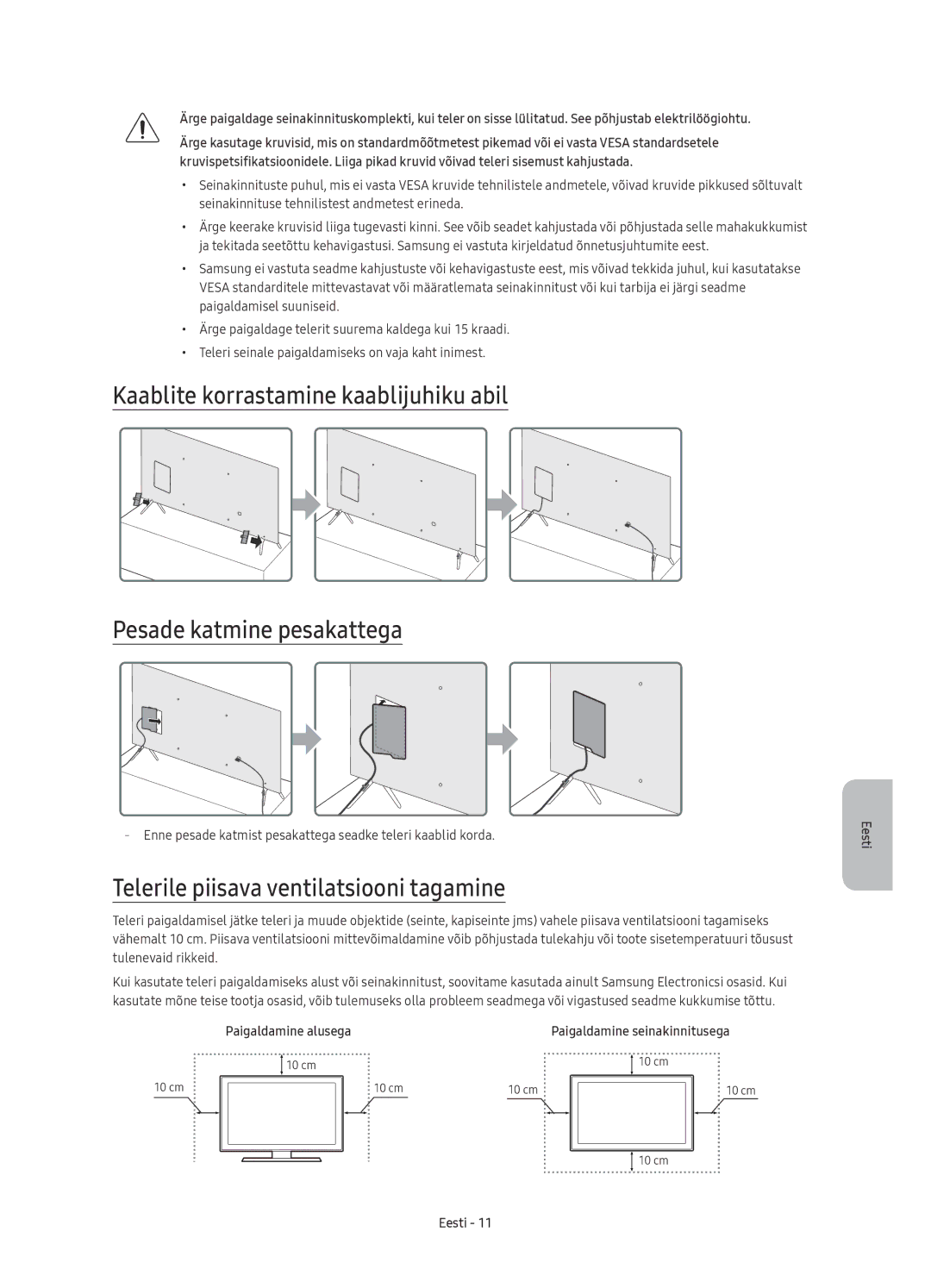 Samsung UE49KS7002UXXH, UE65KS7000SXXH, UE60KS7000SXXH manual Telerile piisava ventilatsiooni tagamine, Paigaldamine alusega 