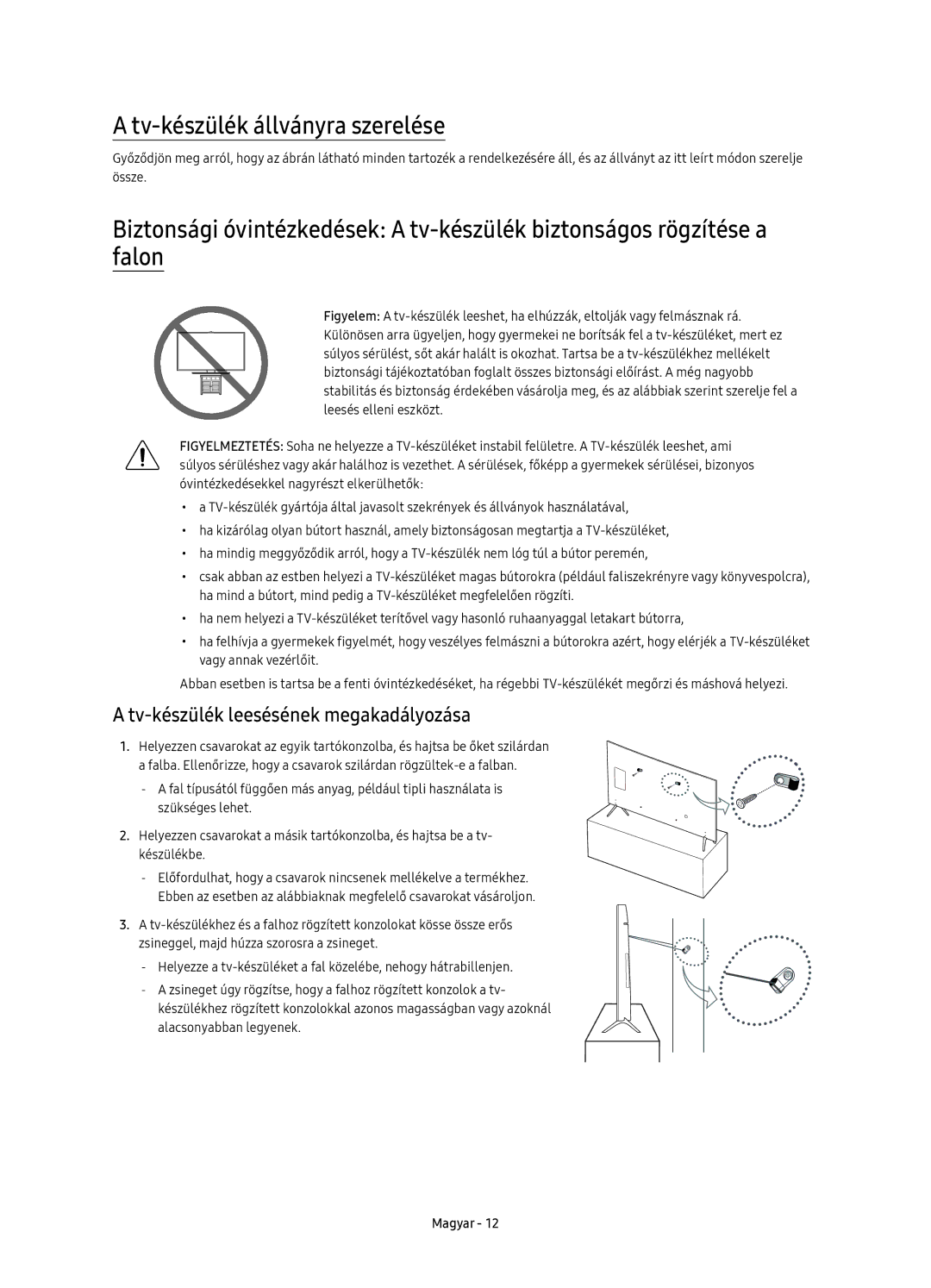 Samsung UE49KS7000SXXH, UE65KS7000SXXH manual Tv-készülék állványra szerelése, Tv-készülék leesésének megakadályozása 