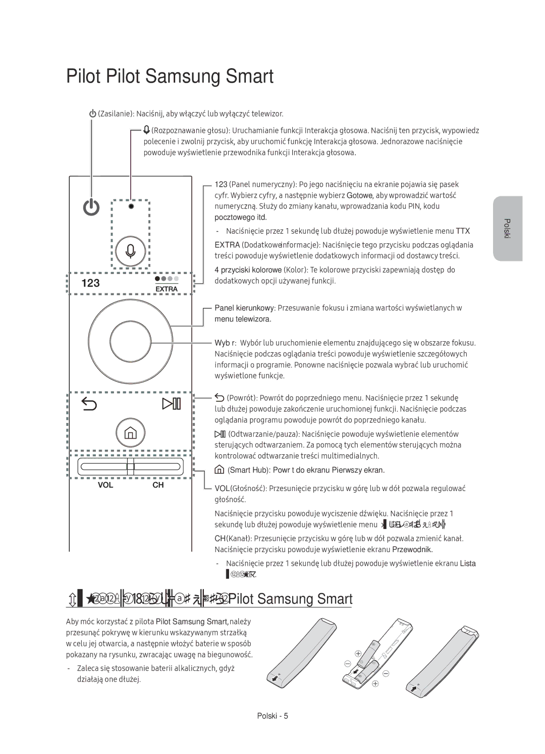 Samsung UE65KS7002UXXH, UE65KS7000SXXH manual Pilot Pilot Samsung Smart, Wkładanie baterii do pilota Pilot Samsung Smart 