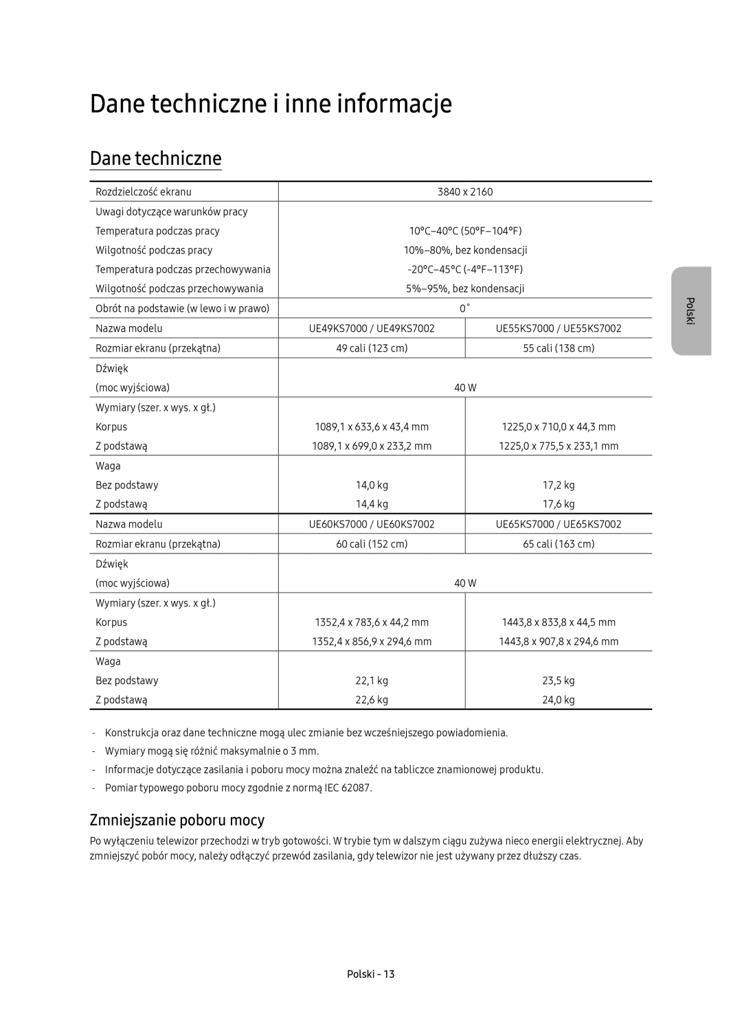 Samsung UE49KS7002UXXH, UE65KS7000SXXH, UE60KS7000SXXH manual Dane techniczne i inne informacje, Zmniejszanie poboru mocy 