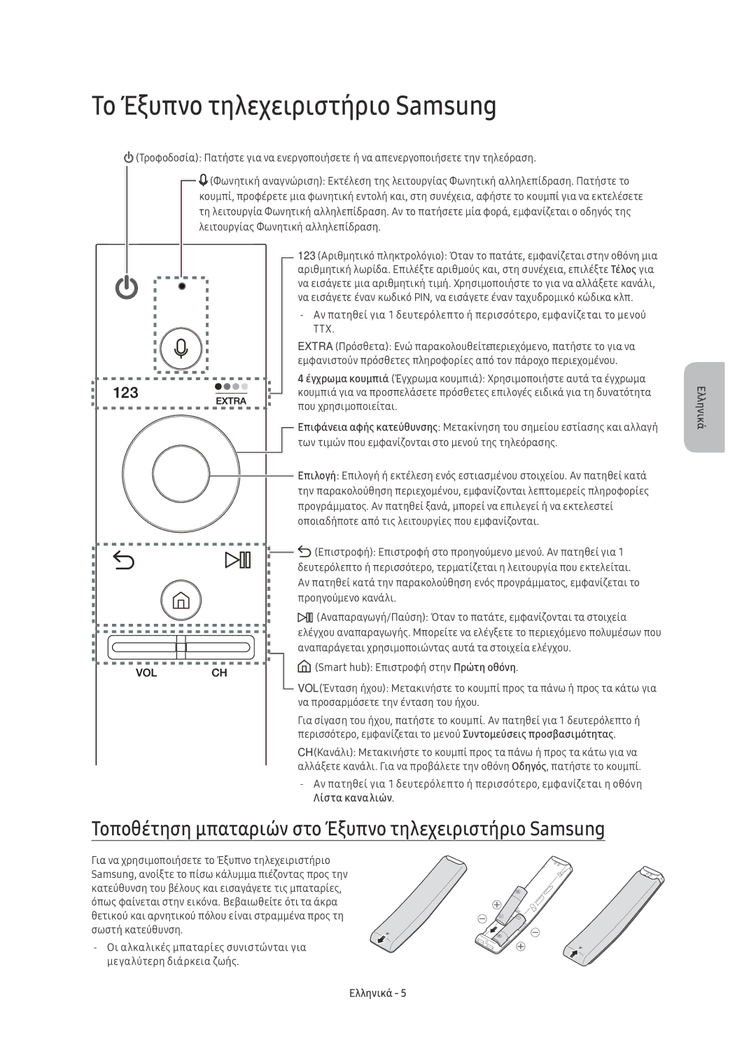 Samsung UE60KS7000SXXN manual Το Έξυπνο τηλεχειριστήριο Samsung, Τοποθέτηση μπαταριών στο Έξυπνο τηλεχειριστήριο Samsung 