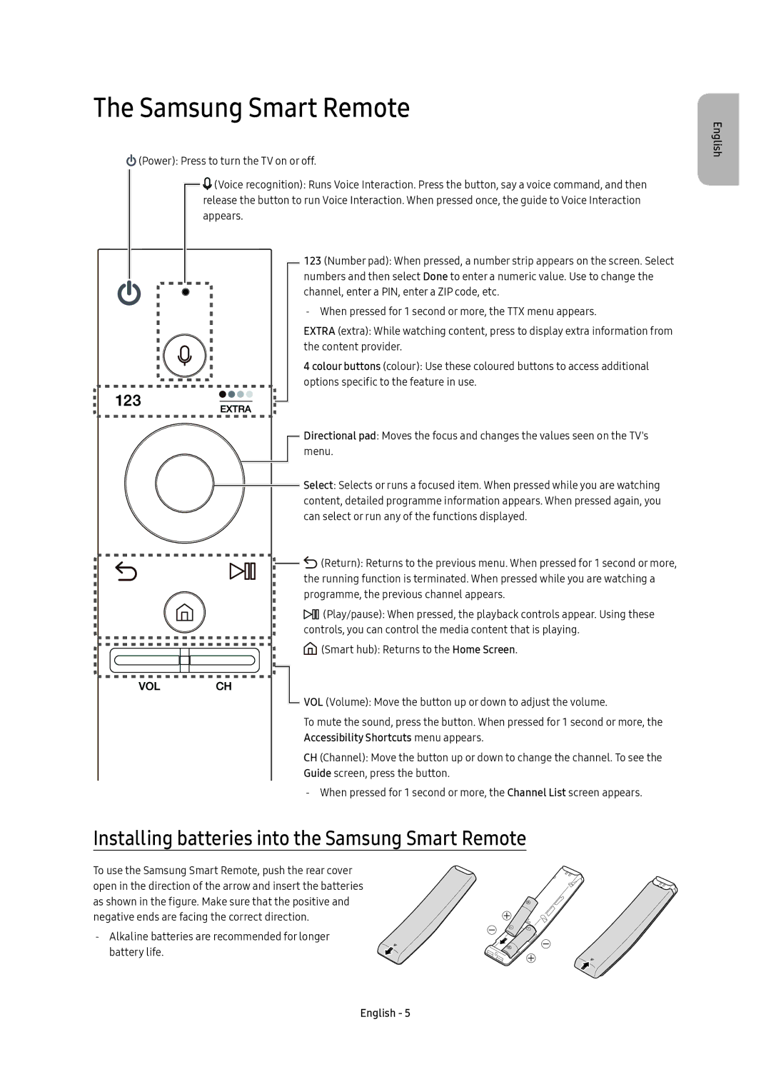 Samsung UE49KS7002UXXH, UE65KS7000SXXH, UE60KS7000SXXH manual Installing batteries into the Samsung Smart Remote 