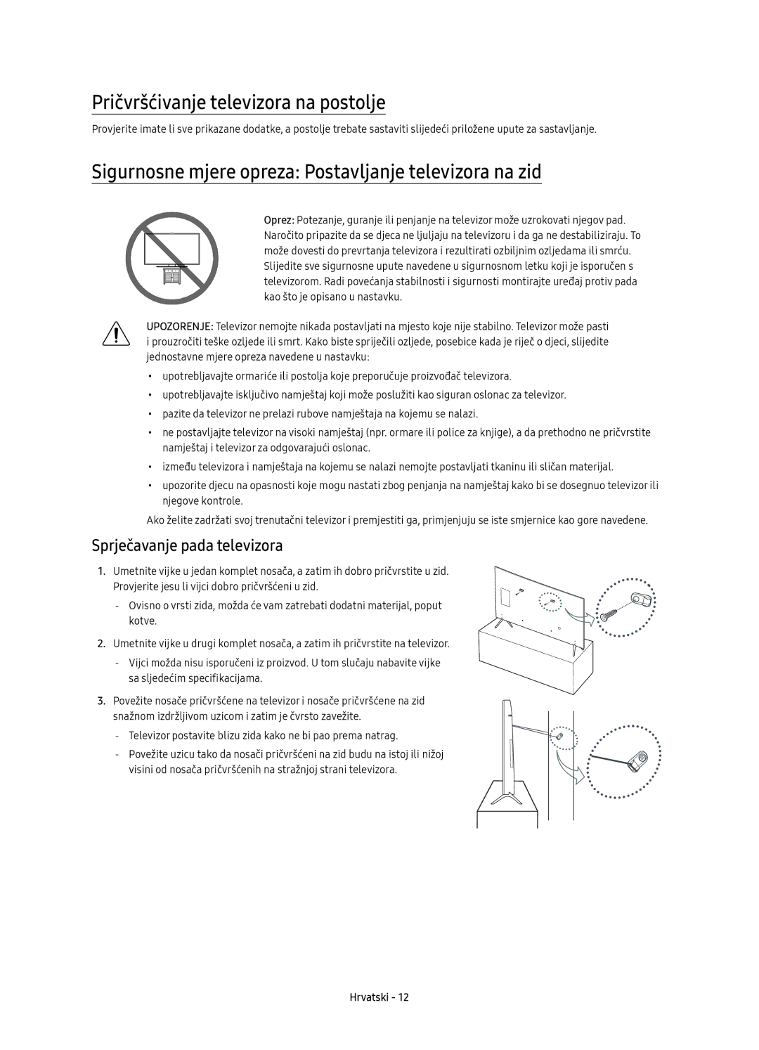 Samsung UE60KS7002UXXH manual Pričvršćivanje televizora na postolje, Sigurnosne mjere opreza Postavljanje televizora na zid 