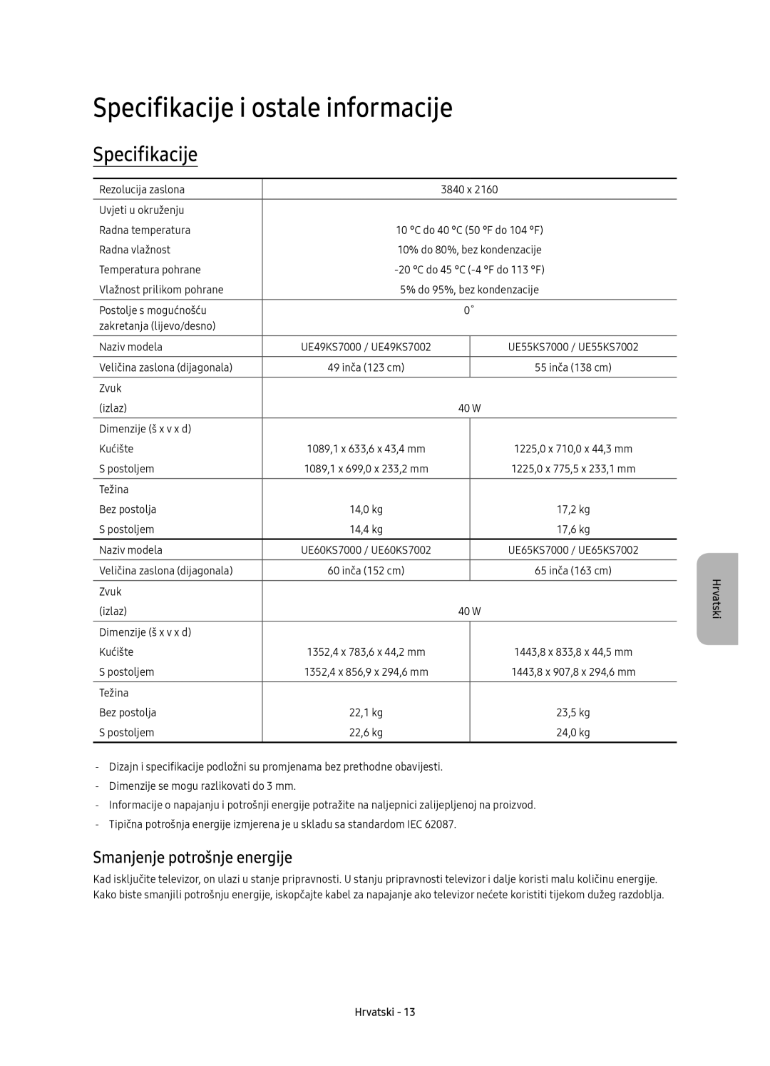 Samsung UE60KS7000SXXN, UE65KS7000SXXH, UE60KS7000SXXH Specifikacije i ostale informacije, Smanjenje potrošnje energije 