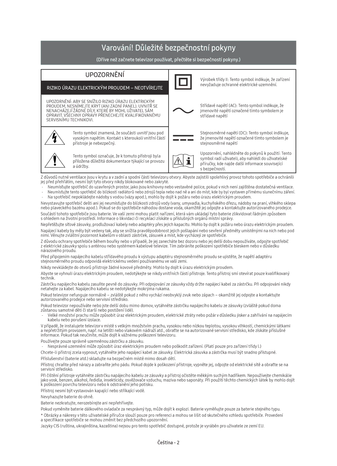 Samsung UE49KS7000SXXH, UE65KS7000SXXH, UE60KS7000SXXH, UE55KS7000SXXH manual Varování! Důležité bezpečnostní pokyny, Čeština 