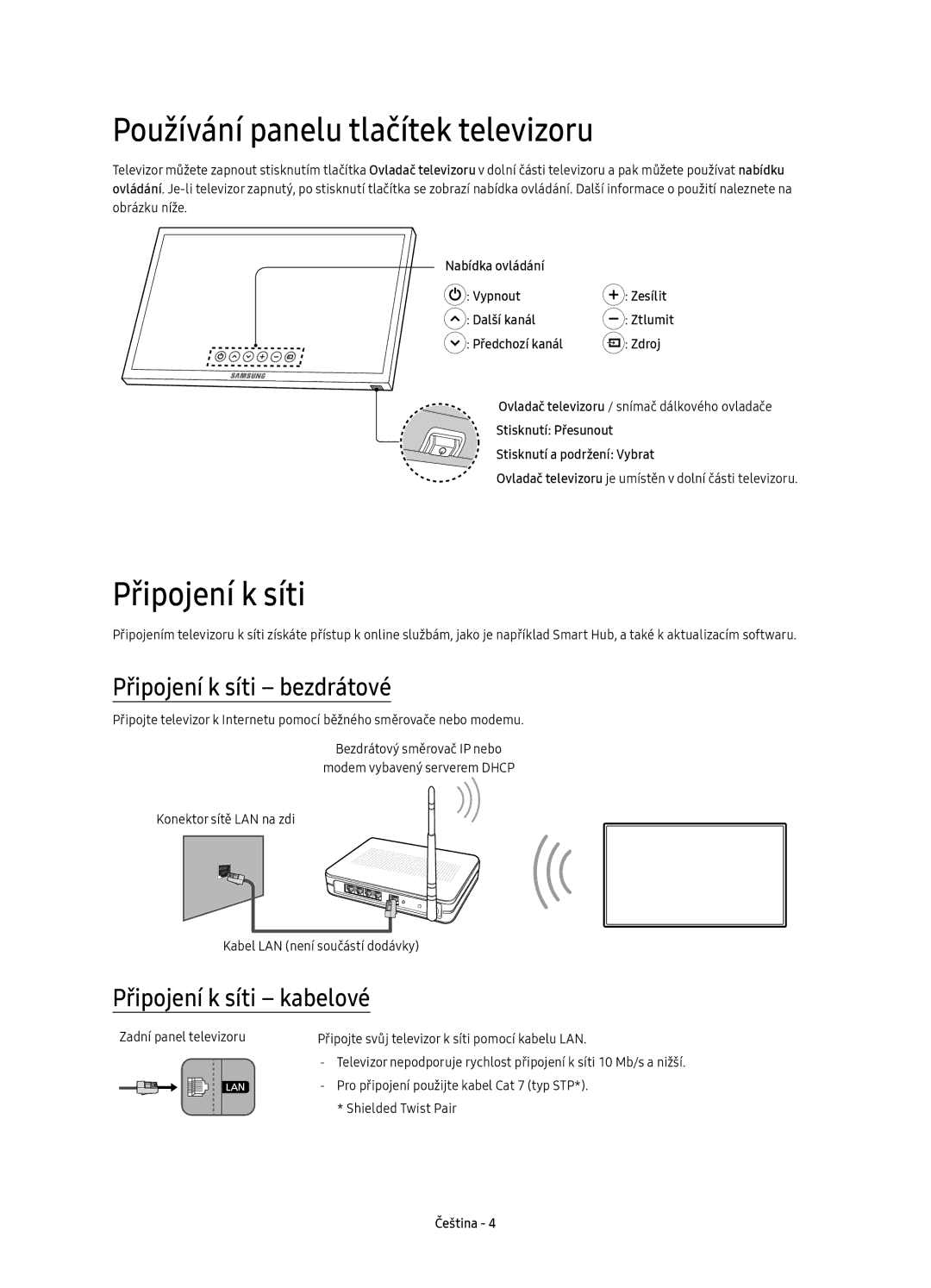 Samsung UE65KS7000SXXN Používání panelu tlačítek televizoru, Připojení k síti bezdrátové, Připojení k síti kabelové 