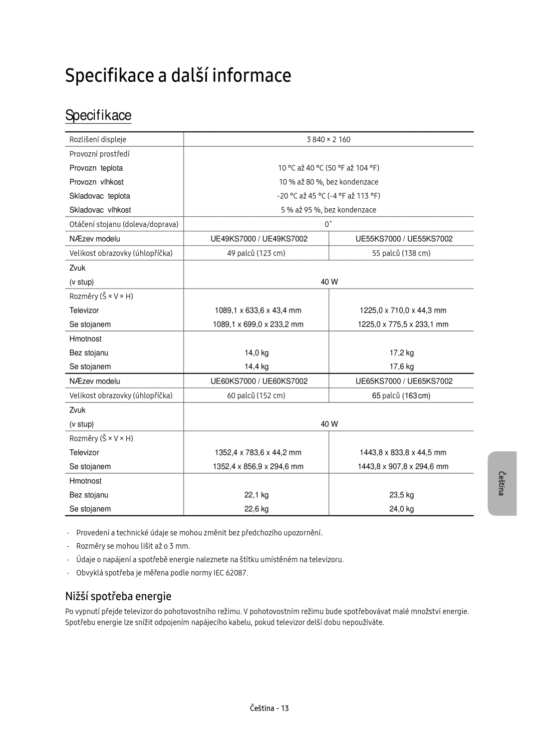 Samsung UE60KS7000SXXH, UE65KS7000SXXH, UE49KS7000SXXH, UE55KS7000SXXH Specifikace a další informace, Nižší spotřeba energie 