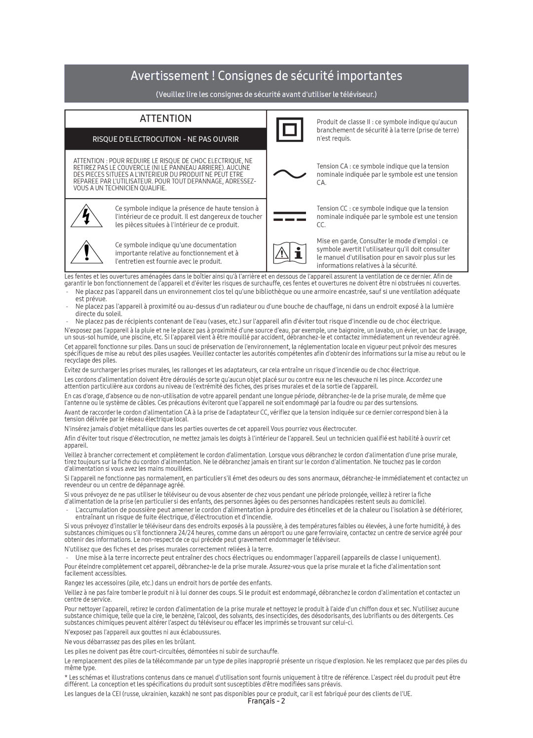 Samsung UE65KS7500UXXC, UE55KS7500UXXC, UE49KS7500UXXC, UE43KS7500UXXC Avertissement ! Consignes de sécurité importantes 