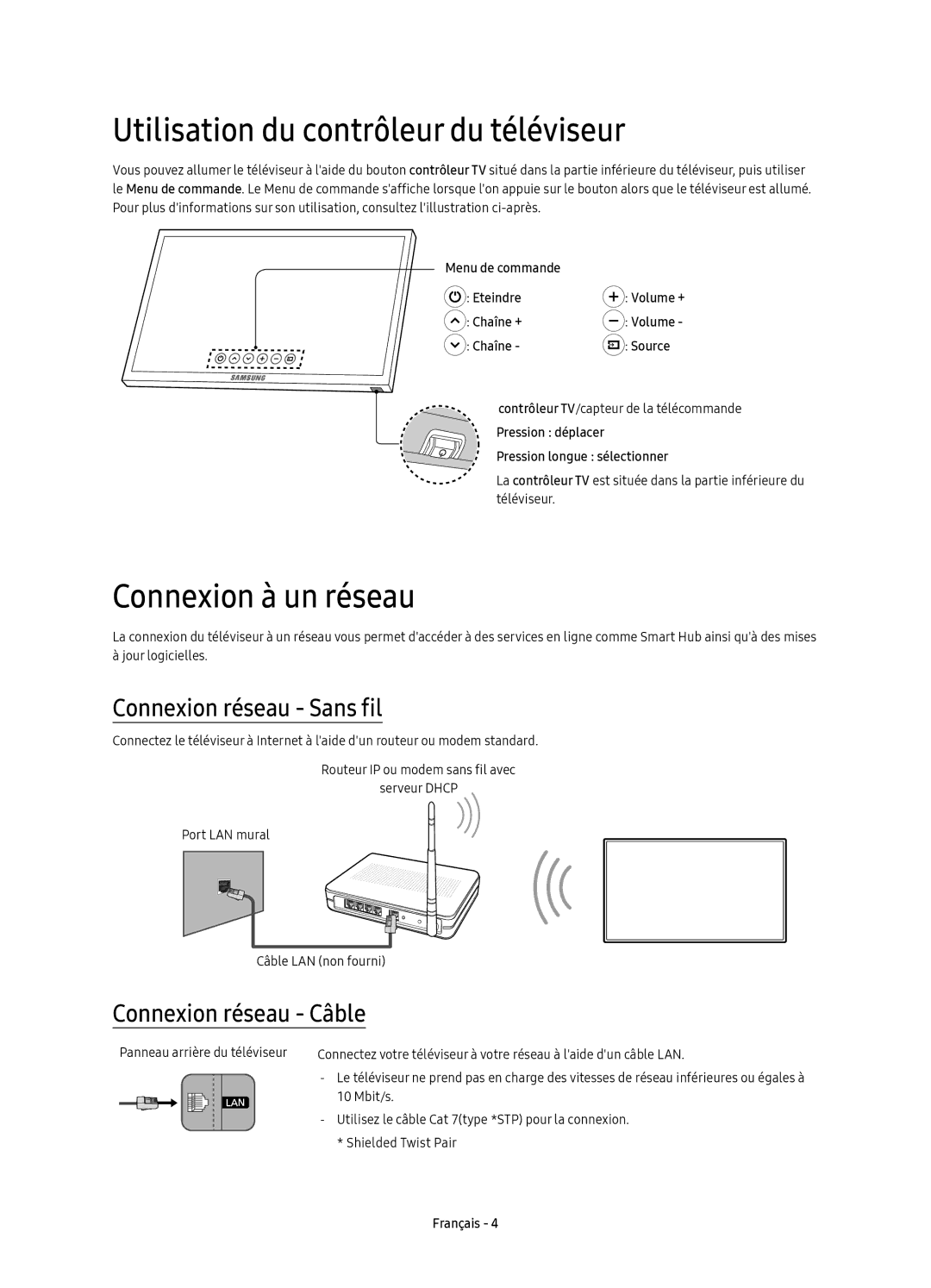 Samsung UE49KS7500UXXC manual Utilisation du contrôleur du téléviseur, Connexion à un réseau, Connexion réseau Sans fil 