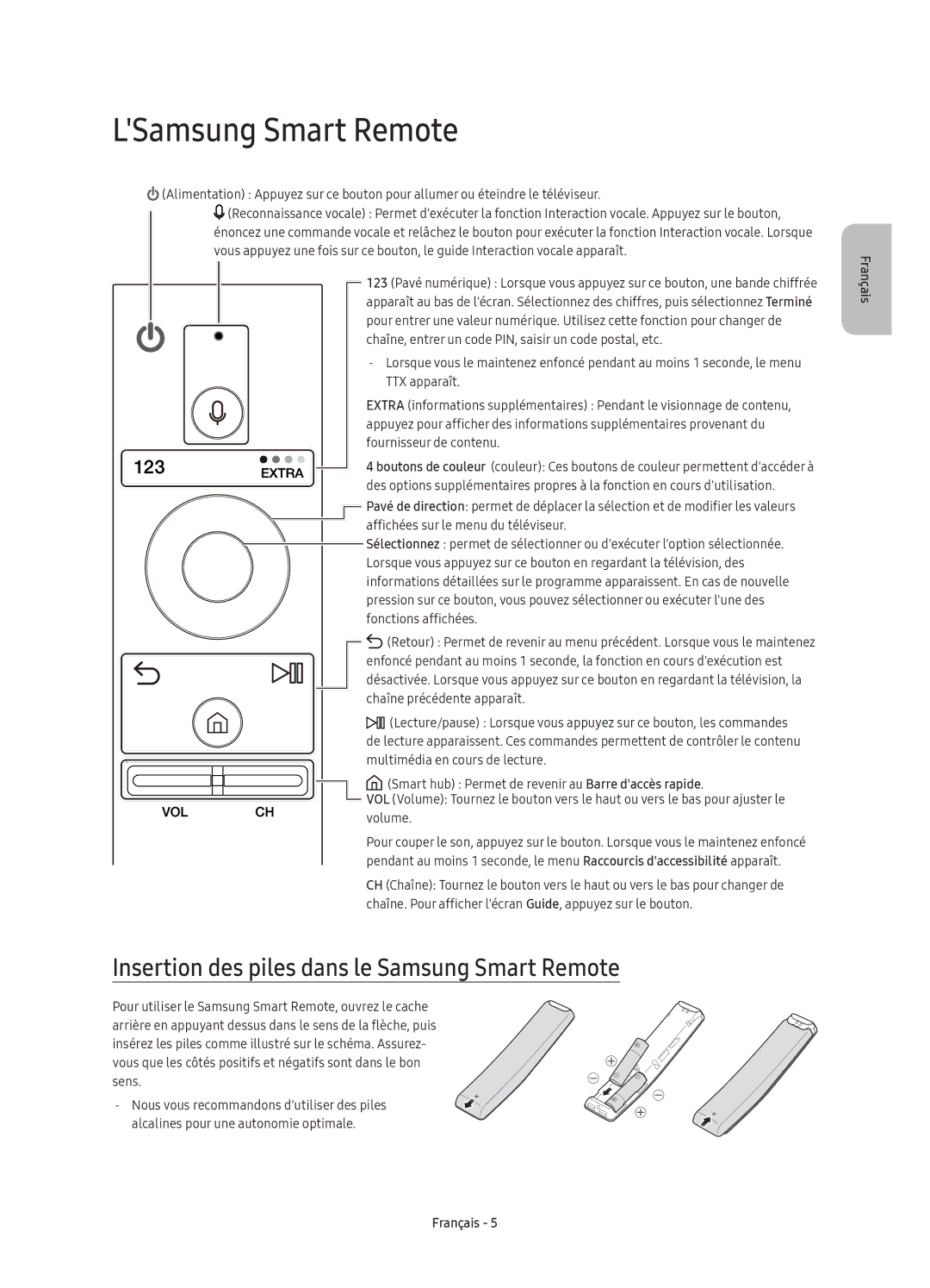 Samsung UE43KS7500UXXC, UE65KS7500UXXC manual LSamsung Smart Remote, Insertion des piles dans le Samsung Smart Remote 