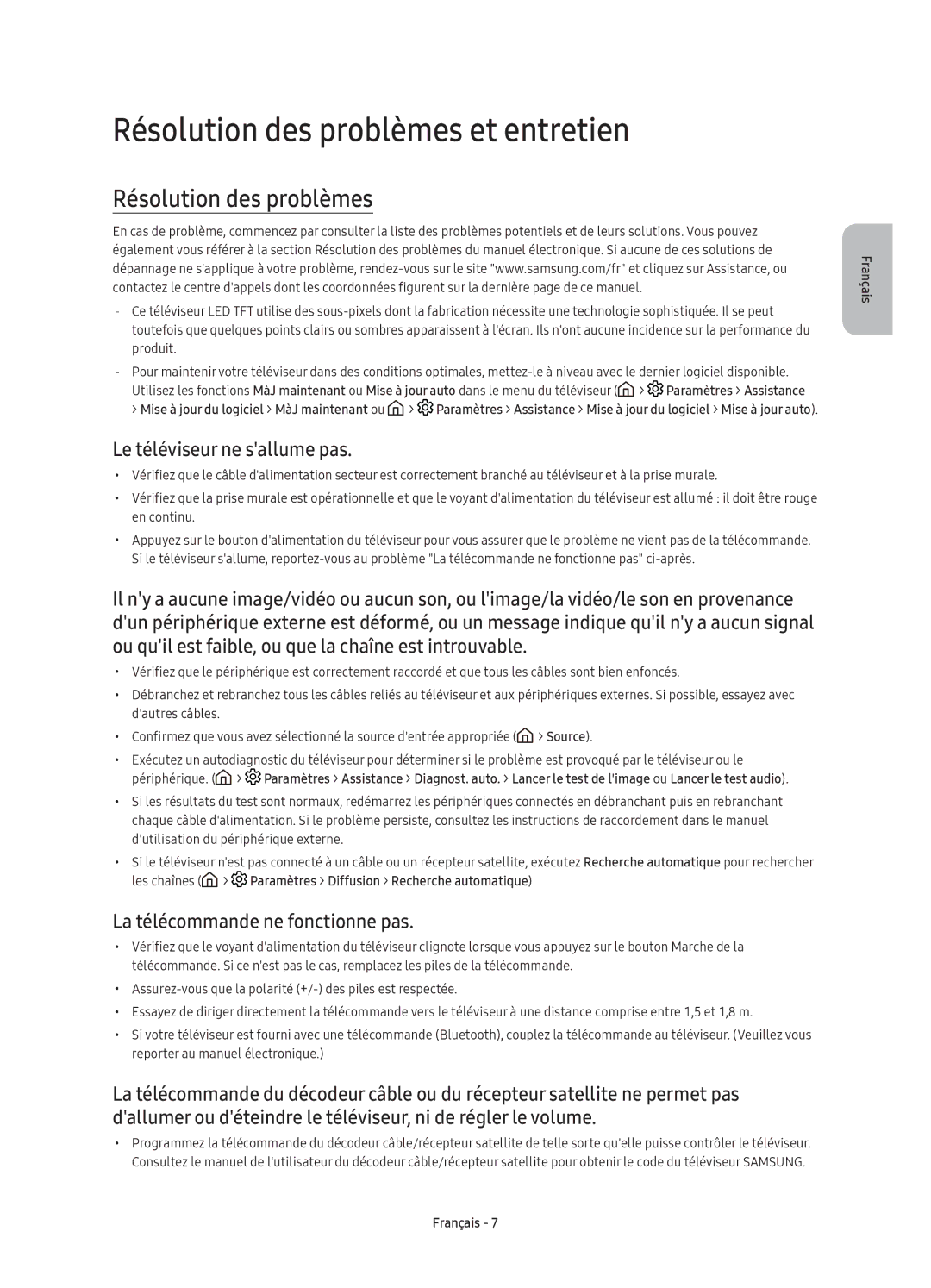 Samsung UE55KS7500UXXC, UE65KS7500UXXC, UE49KS7500UXXC Résolution des problèmes et entretien, Le téléviseur ne sallume pas 