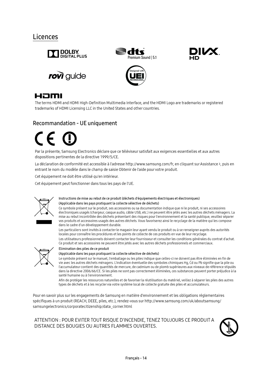 Samsung UE65KS7500UXXC, UE55KS7500UXXC, UE49KS7500UXXC, UE43KS7500UXXC manual Licences, Recommandation UE uniquement 