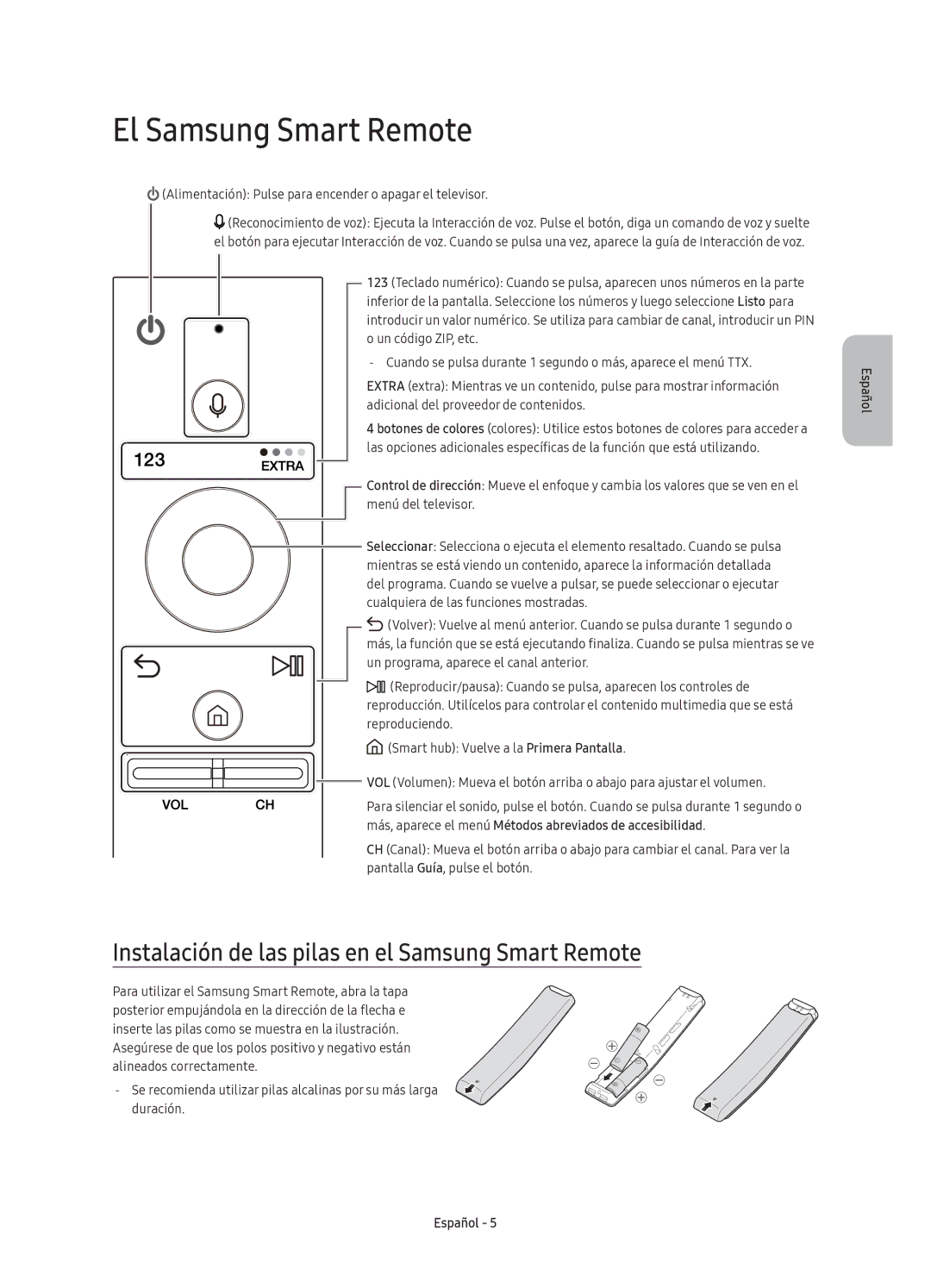 Samsung UE55KS7500UXXC, UE65KS7500UXXC manual El Samsung Smart Remote, Instalación de las pilas en el Samsung Smart Remote 