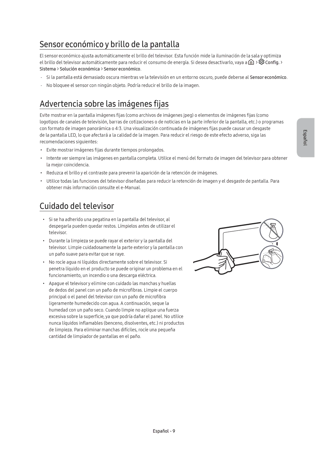 Samsung UE55KS7500UXXC, UE65KS7500UXXC manual Sensor económico y brillo de la pantalla, Advertencia sobre las imágenes fijas 