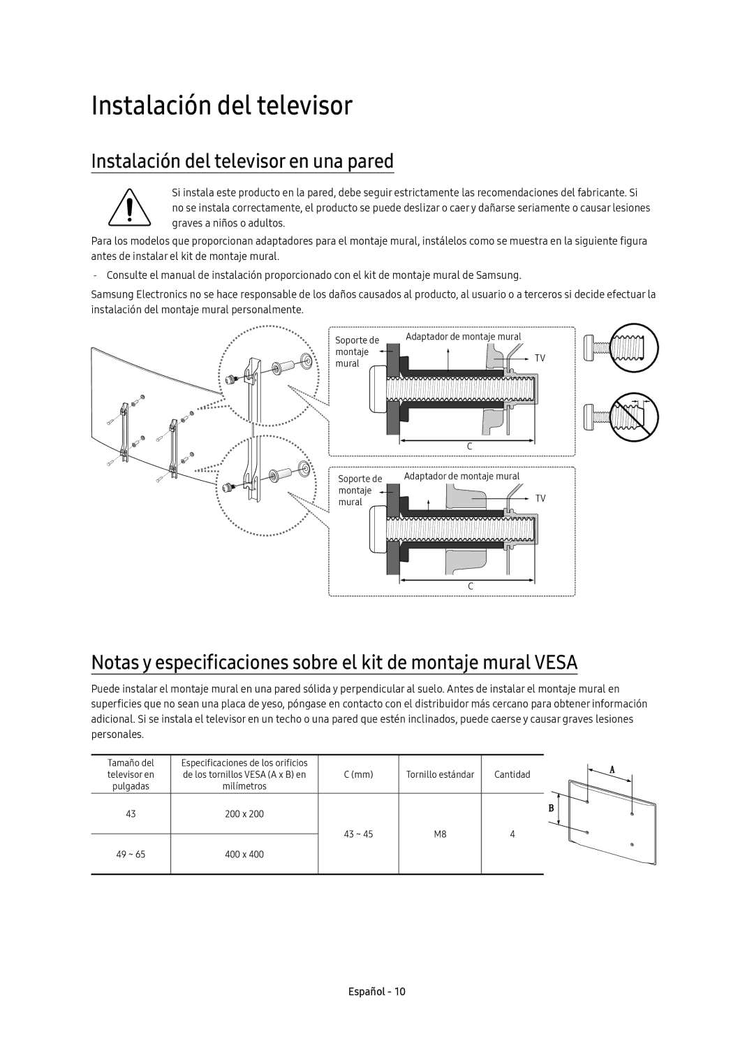 Samsung UE49KS7500UXXC, UE65KS7500UXXC, UE55KS7500UXXC, UE43KS7500UXXC manual Instalación del televisor en una pared 