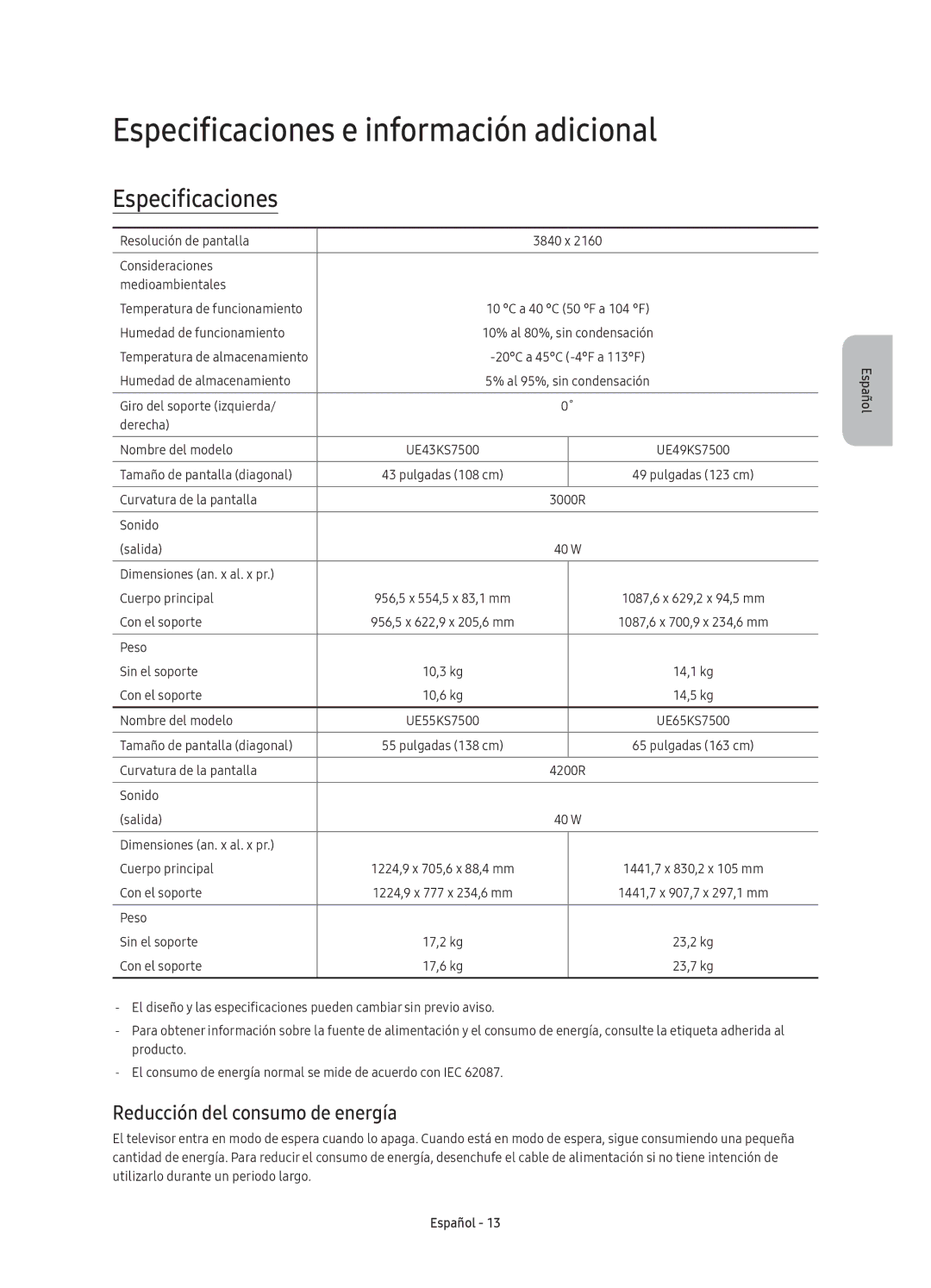 Samsung UE55KS7500UXXC, UE65KS7500UXXC manual Especificaciones e información adicional, Reducción del consumo de energía 