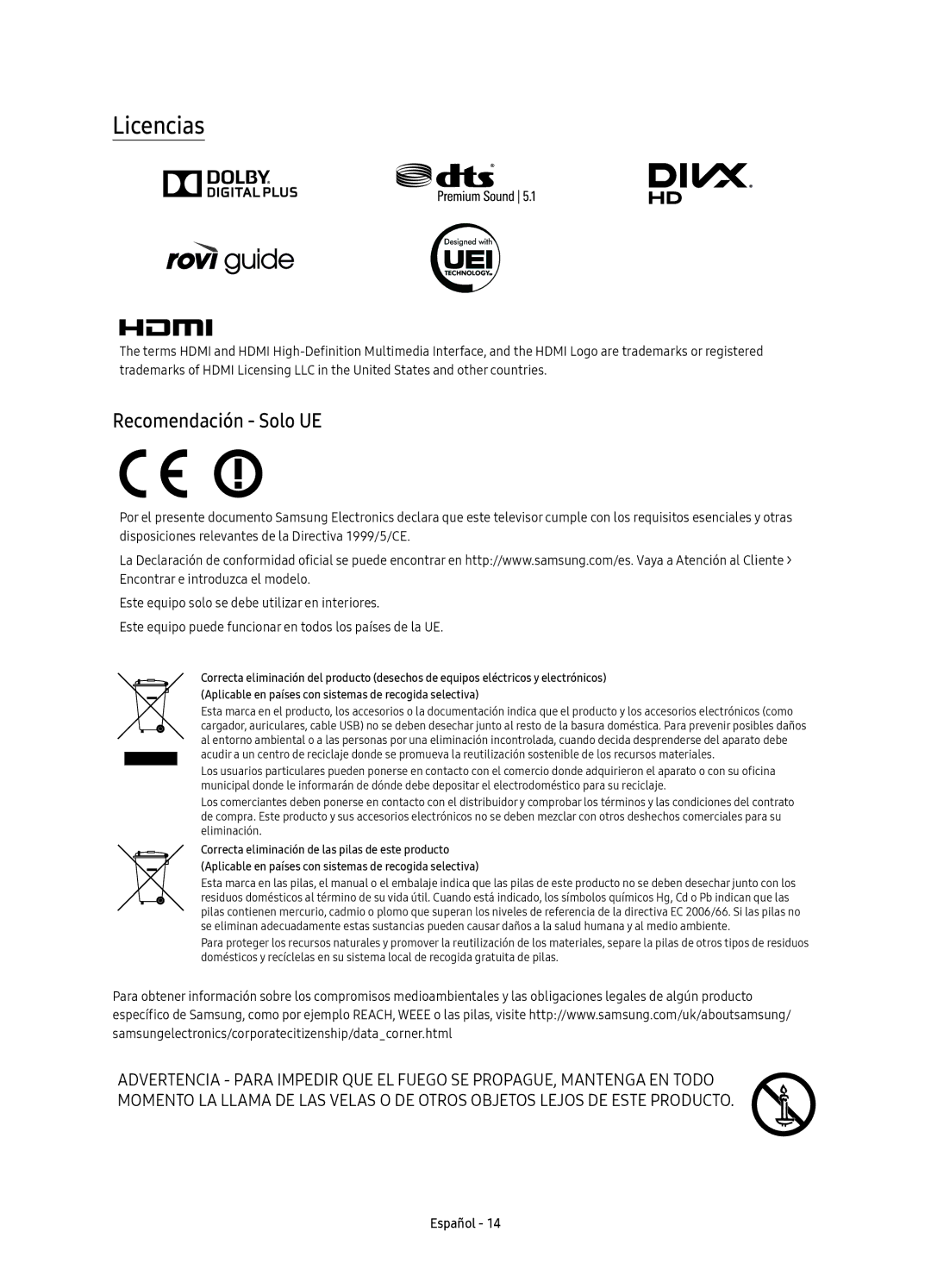 Samsung UE49KS7500UXXC, UE65KS7500UXXC, UE55KS7500UXXC, UE43KS7500UXXC manual Licencias, Recomendación Solo UE 