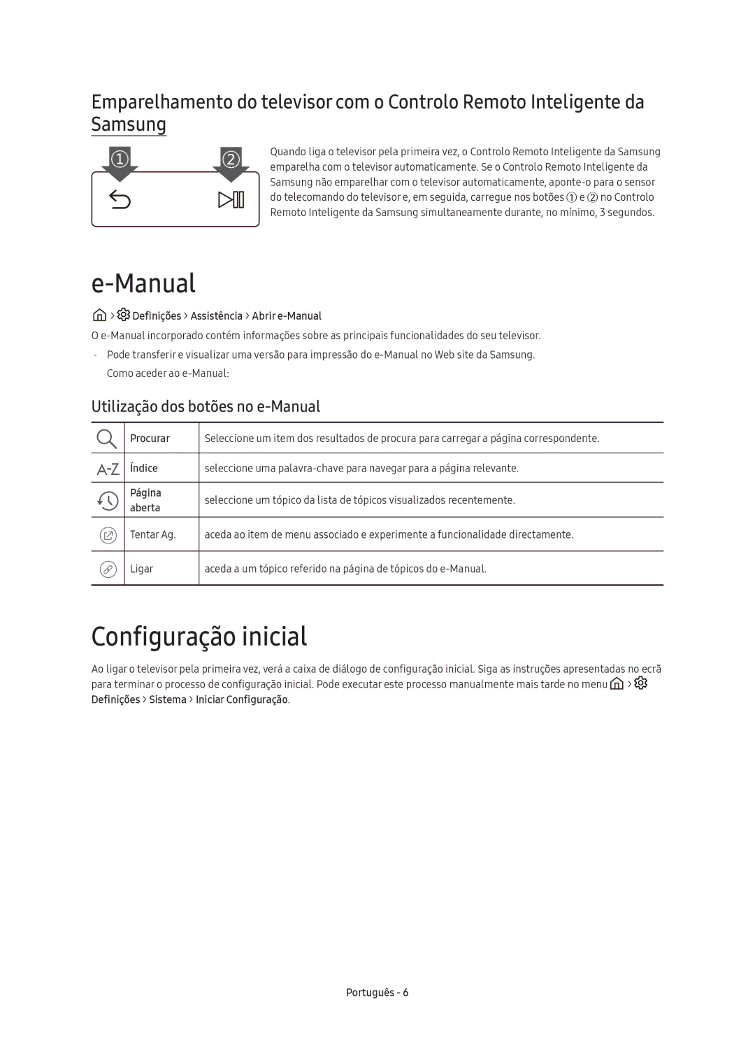 Samsung UE65KS7500UXXC, UE55KS7500UXXC, UE49KS7500UXXC manual Configuração inicial, Utilização dos botões no e-Manual 