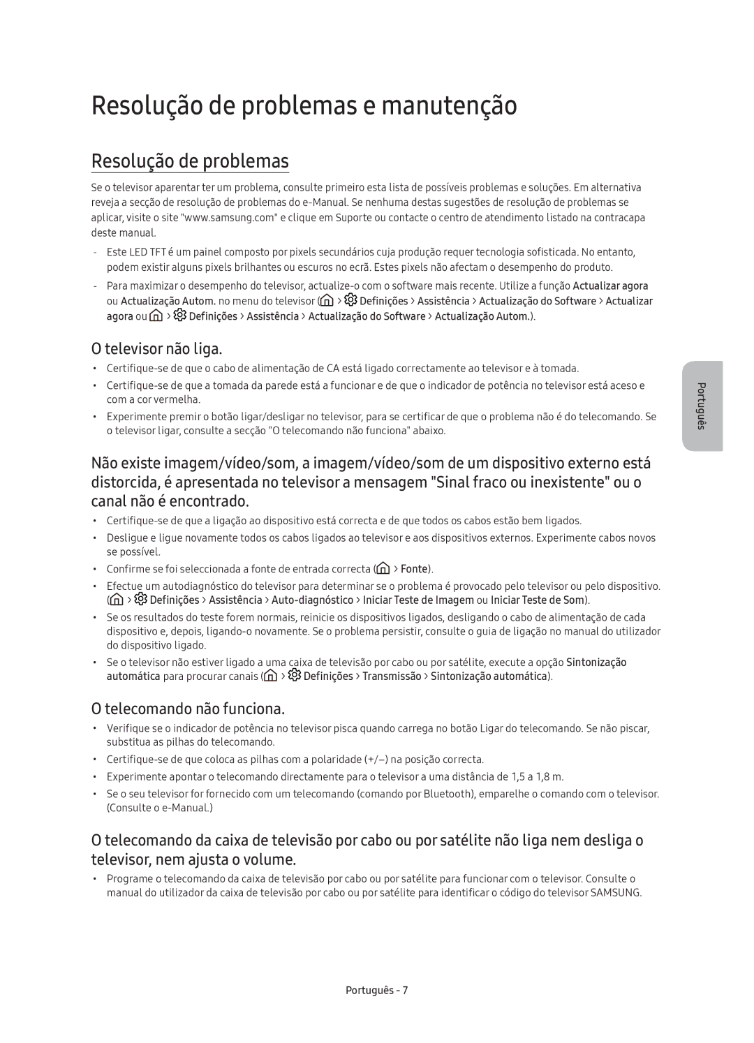 Samsung UE55KS7500UXXC, UE65KS7500UXXC Resolução de problemas e manutenção, Televisor não liga, Telecomando não funciona 