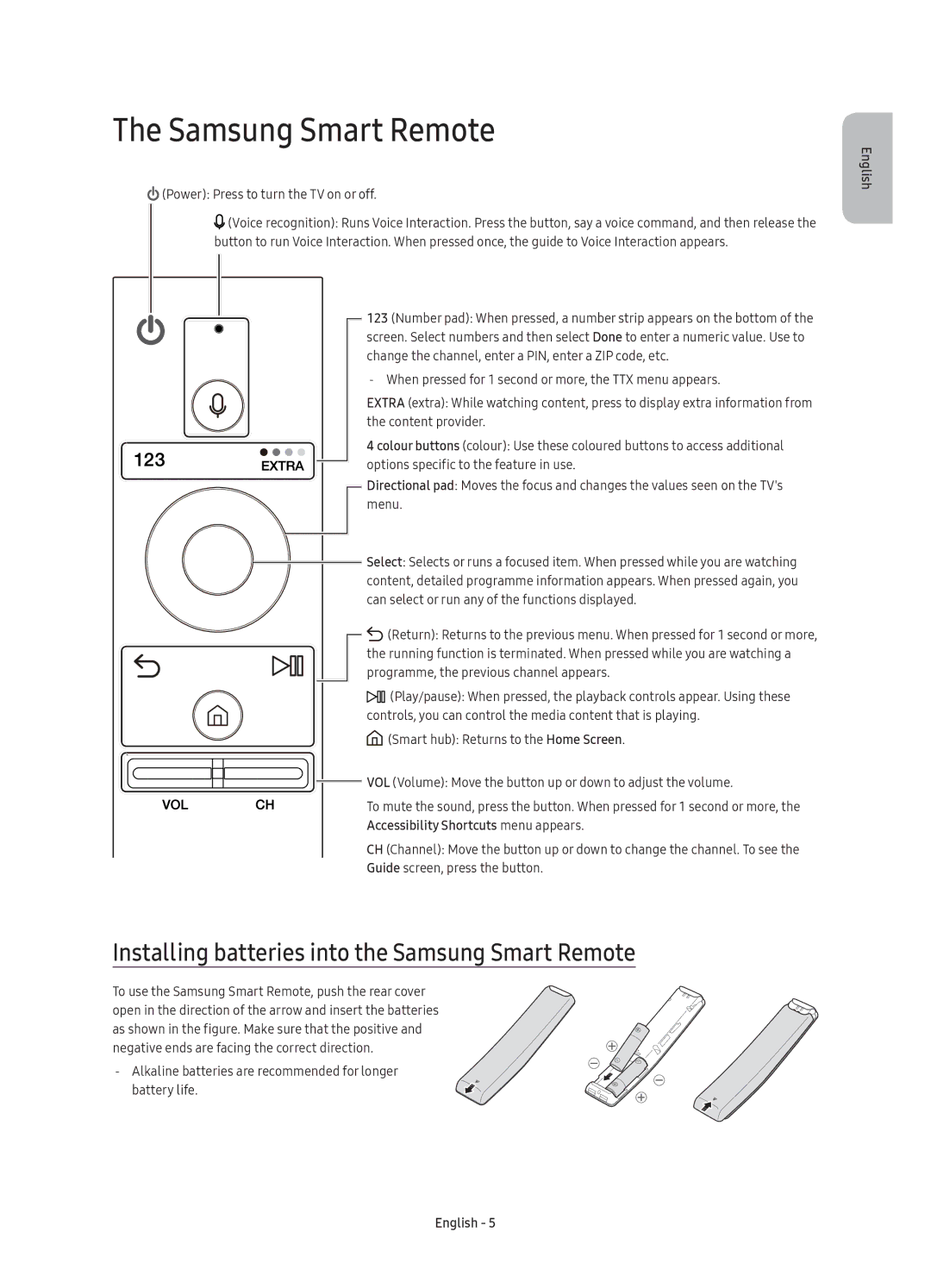 Samsung UE55KS7500UXXC, UE65KS7500UXXC, UE49KS7500UXXC manual Installing batteries into the Samsung Smart Remote 