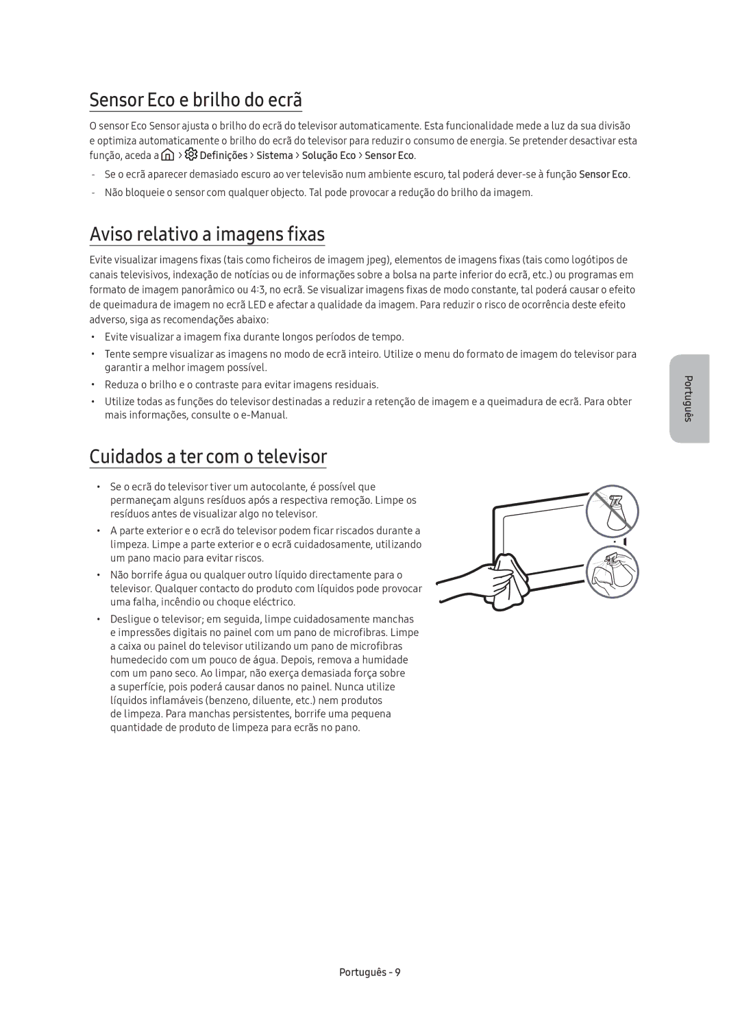 Samsung UE43KS7500UXXC manual Sensor Eco e brilho do ecrã, Aviso relativo a imagens fixas, Cuidados a ter com o televisor 