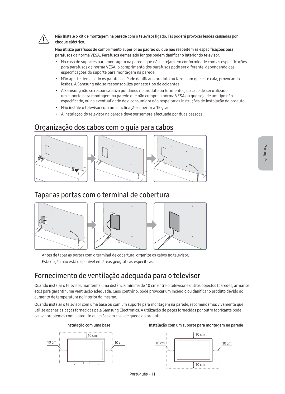 Samsung UE55KS7500UXXC manual Organização dos cabos com o guia para cabos, Tapar as portas com o terminal de cobertura 